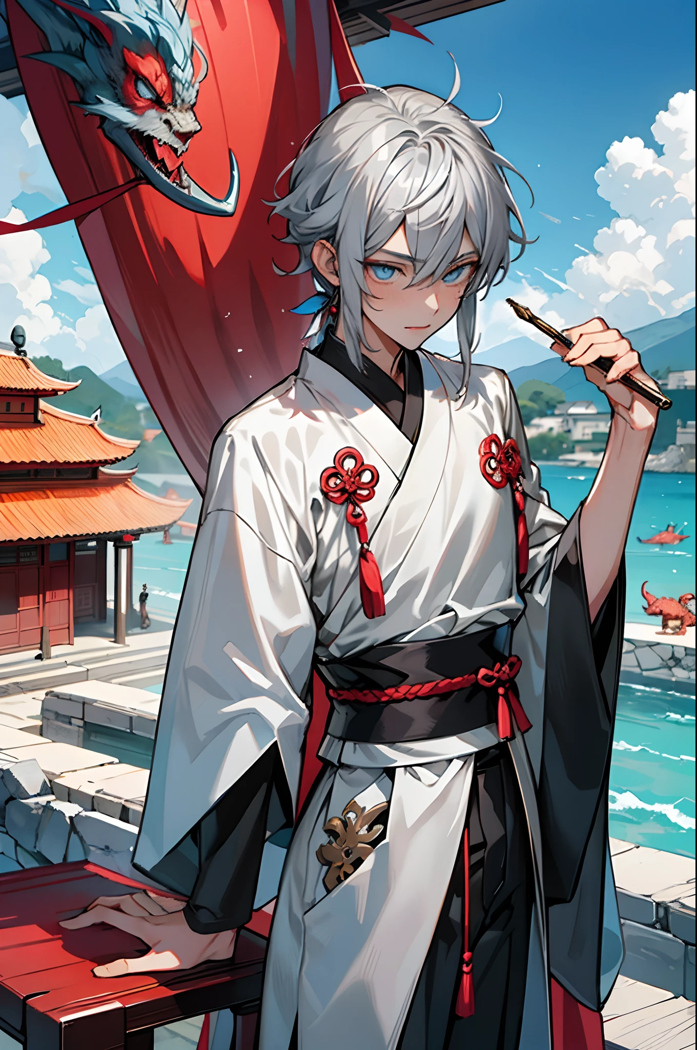 tmasterpiece,Need,超高分辨率,shoun,Chinese ancient style,(Short silver-gray hair),blue color eyes,Libido boy,adolable,banya,Dragon tail,The corals,Clouds,wave,Kamimei