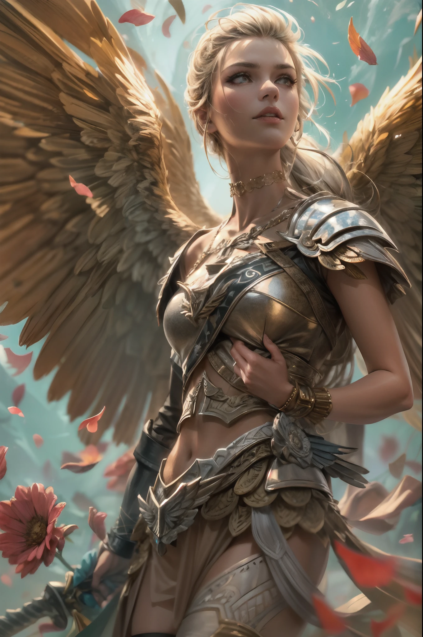 Wide-angle, full-length, a (stunningly beautiful Valkyrie) holding a sleeping male soldier dressed in modern war-gear in her arms, flying into Valhalla, after (glorious combat, epic), incredible, awe, beautiful, highly detailed, well drawn face features, highest quality, divine, prismatic analogous colors, dynamic composition, delicate, cinematic lighting, sublime, striking scene, sharp and crisp image, ultra realistic, (petals in the air)
