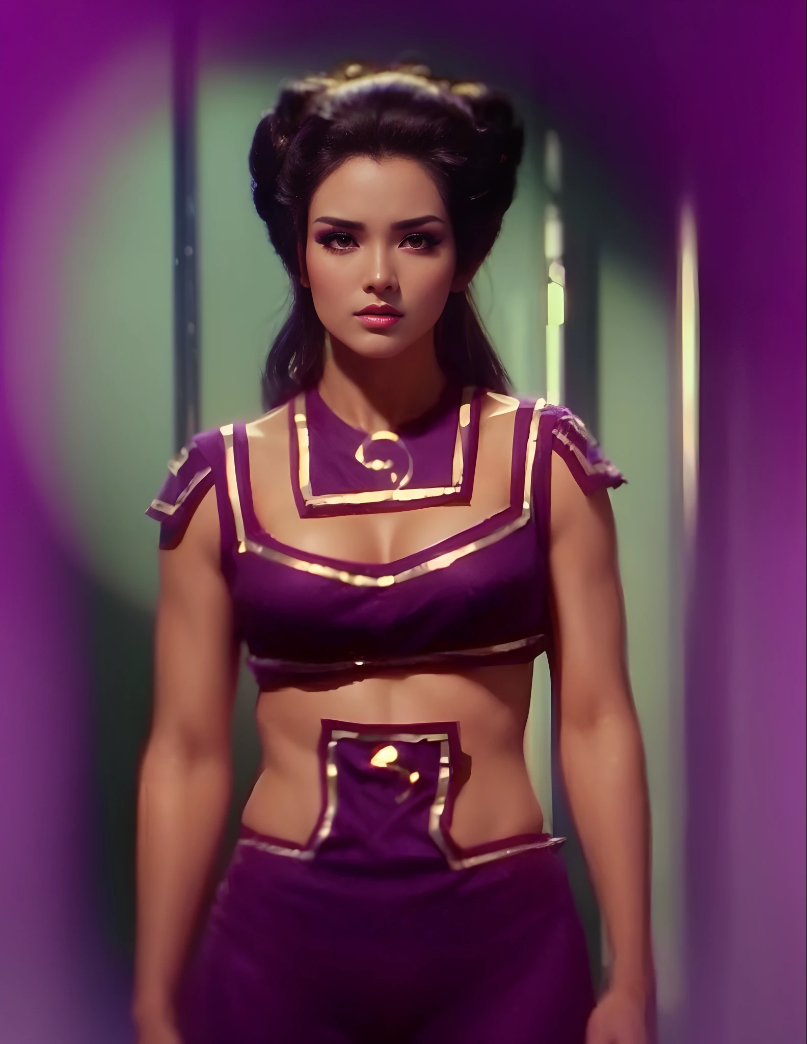 Bodacious seductive young Oriental woman, streaks of purple & neon green eye makeup, elaborately coiffed black hair with large side rolls, wearing space bikini genie harem outfit, 4K, cinematic, hyper-sharp, hyper-realistic, hyper-detailed, symmetrical, "100% anatomically correct", octane render