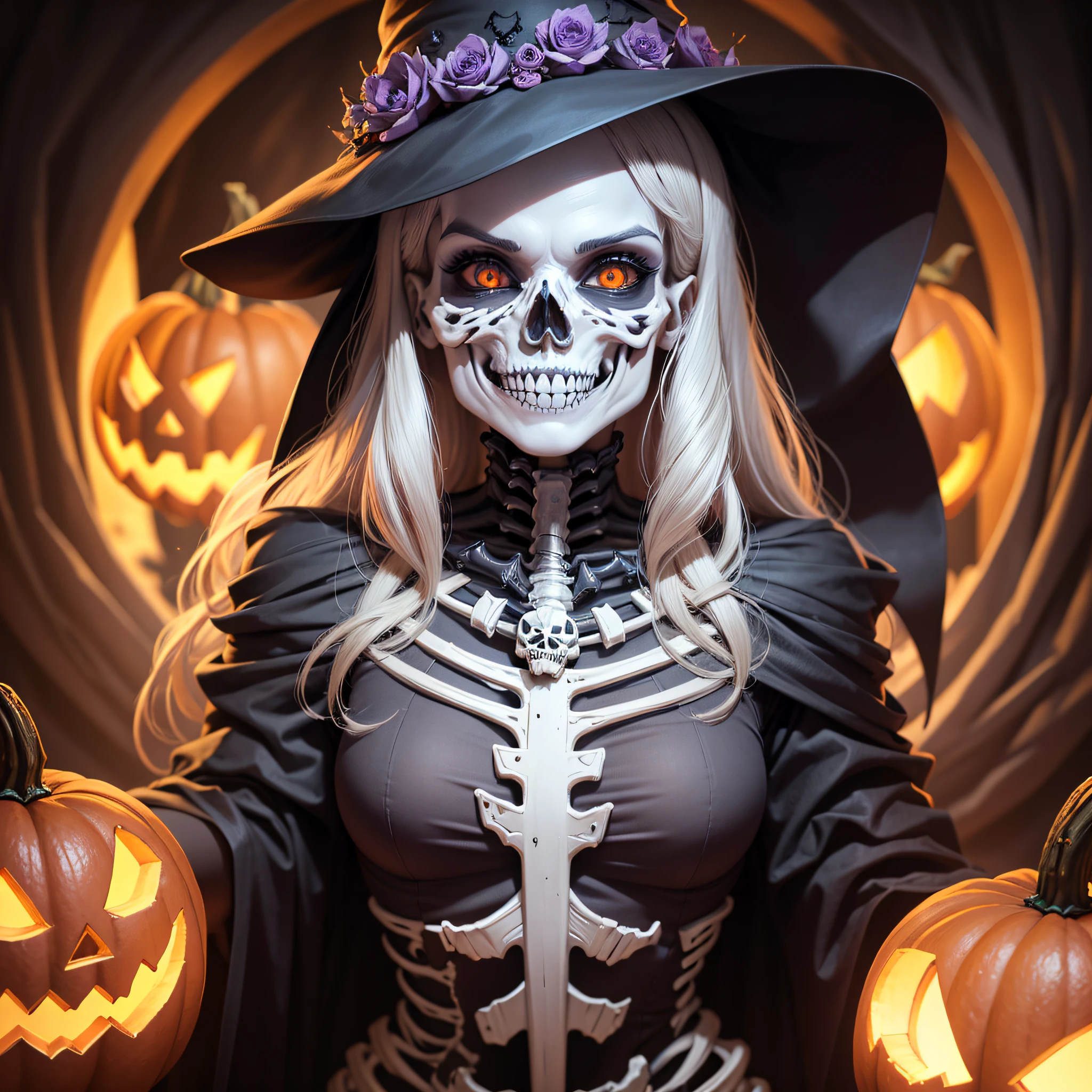 funny smiling skeleton on haloween, ultra detailed realistic photo style, dramatic colors