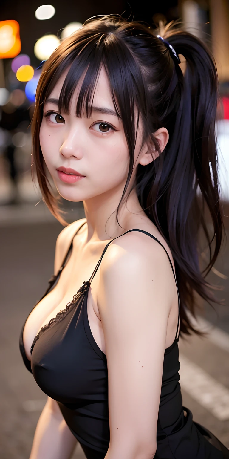 1girl，street Tokyo，the night，city scenery，City lights，full bodyesbian，closeup cleavage，ssmile，medium boob，（8k，RAW photos，Best Picture Quality，tmasterpiece：1.2），（fidelity，Realism：1.37），