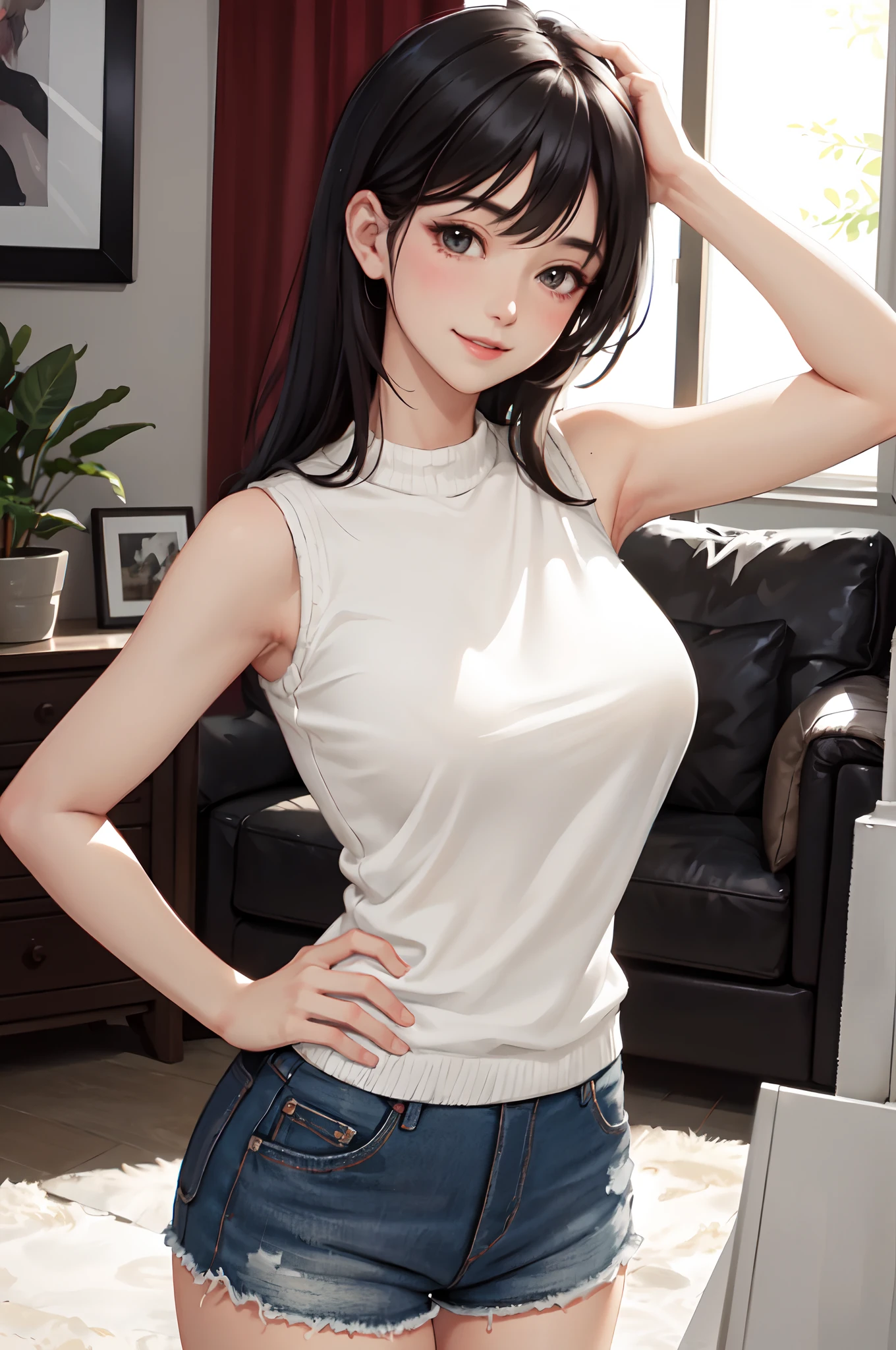 1lady standing, /(sleeveless knitted shirt/) /(hot pants/), mature female, /(black hair/) bangs, blush kind smile, (masterpiece best quality:1.2) delicate illustration ultra-detailed, large breasts BREAK /(modern house living room/)