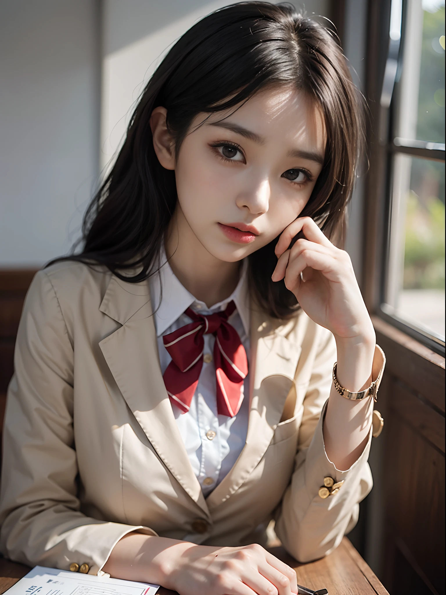 OL lady in blazer and collared white shirt、Droopy eyes sitting at a desk: 1.3,, (in 8K) , master piece, (No retouching, Lip gloss, False eyelashes, Real Skin, of the highest quality, 超A high resolution, depth of fields, chromatic abberation, Caustics, Wide Lighting, Natural Shading))Korean Idols、Live action、Sauce order、Japanese Models, Shot with Canon EOA 6 D Mark II, taken with canon eos 5 d mark iv, Young Gravure Idol,