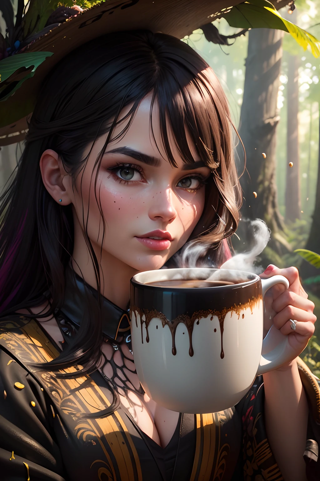 3d portrait of a large mug of coffee, forest background)), epic Instagram, artstation, Dripping Abstract Paint, splash style of colorful paint, contour, hyperdetailed intricately detailed , Vibrant Colors, unreal engine, fantastical, intricate detail, splash screen, complementary colors, fantasy concept