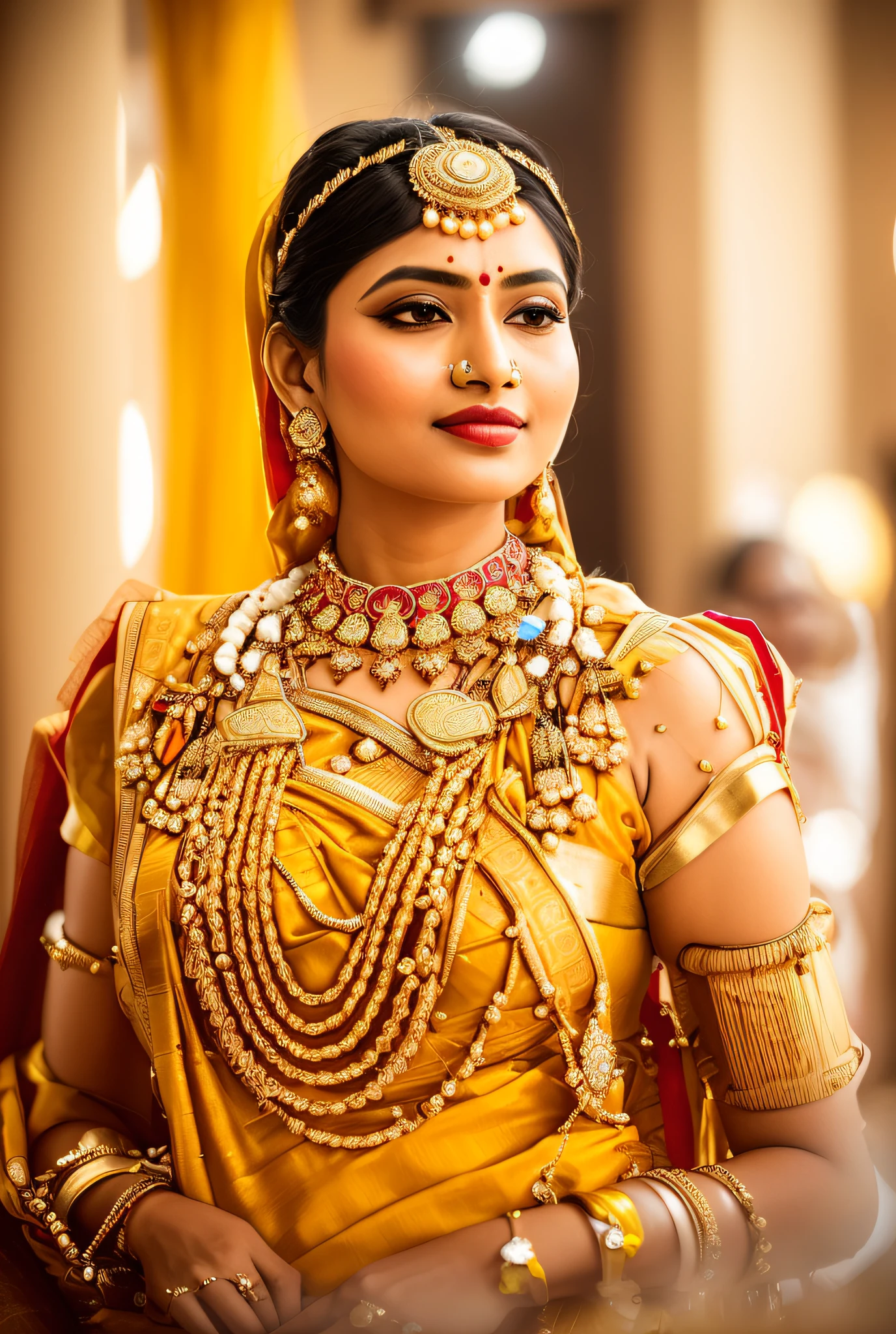8k ultra, araffe woman in a yellow sari with a necklace and earrings, traditional beauty, indian style, traditional female hairstyles, wearing bihu dress mekhela sador, very beautiful enga style, adorned with precious stones, traditional makeup, indian, wearing jewellery, wearing an elegant tribal outfit, traditional, tribal jewelry, traditional clothes, traditional clothing, wearing elegant jewellery