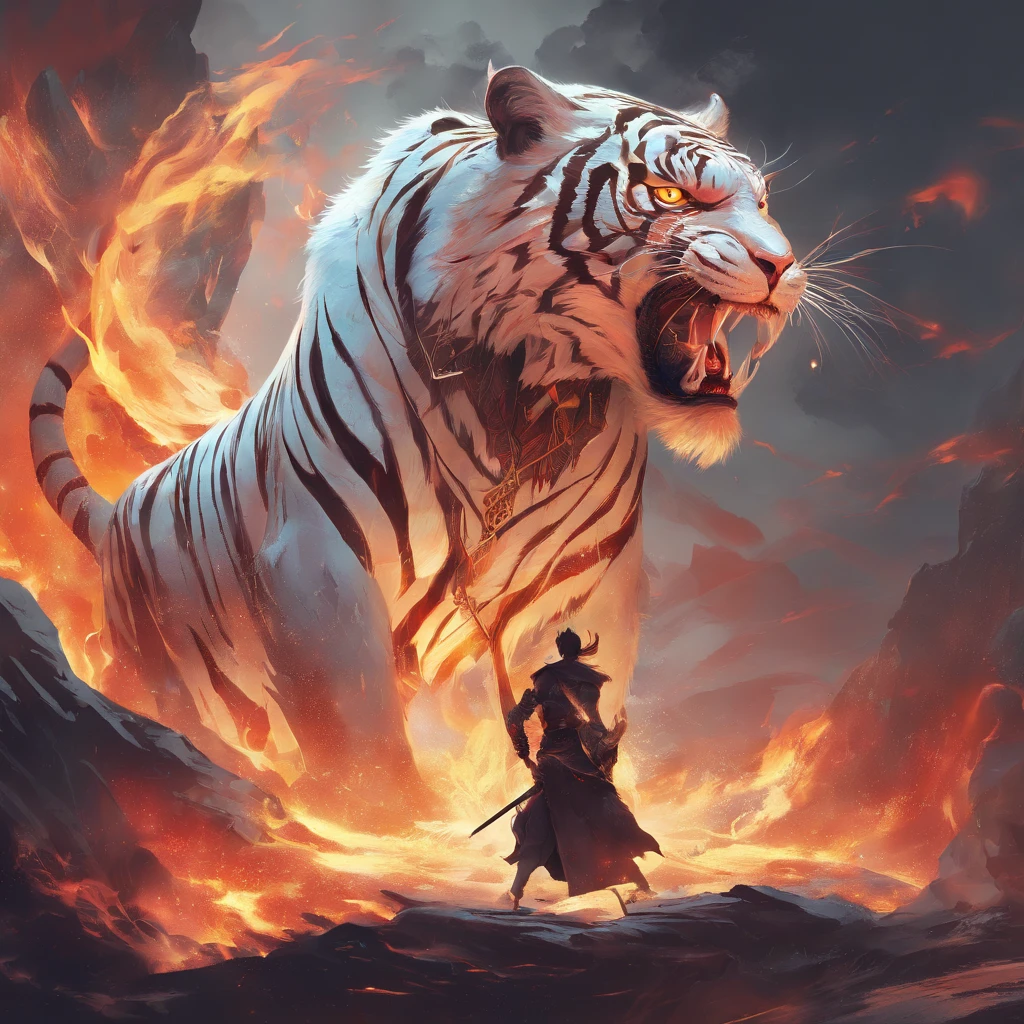 China-style,Chinese mythology,the white tiger,divinity,Malice is evil,gargantuan,with light glowing,Glow effects,the night,中景 the scene is,closeup cleavage,The eyes are full of fire, highly detailed surreal vfx,oc rendered, - AR 16:9 --q 2 --s 1000