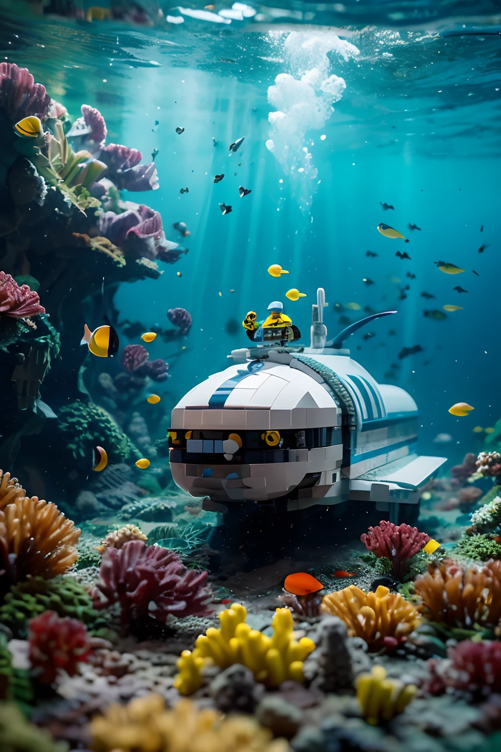 Produce an AI-generated masterpiece that portrays a LEGO-themed submarine piloted by a man, exploring a meticulously detailed underwater world. Craft this image in photorealistic perfection, focusing on a dynamic front view composition that brings this playful scene to life. Ensure it's an 8K resolution image with a captivating depth of field.