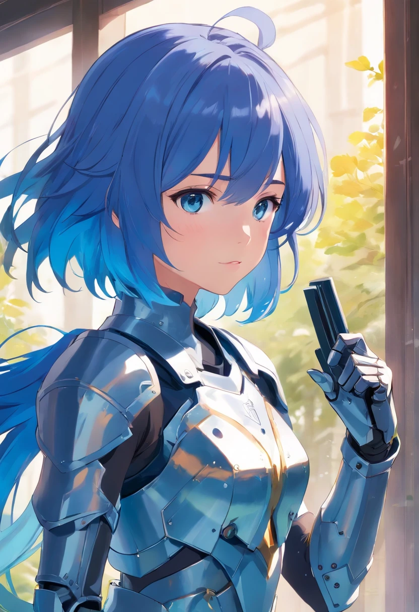 Jitome, One girl、A blue-haired、cute little、knight armor、short hair、blue eyess、masterpiece、top-quality、Top image quality