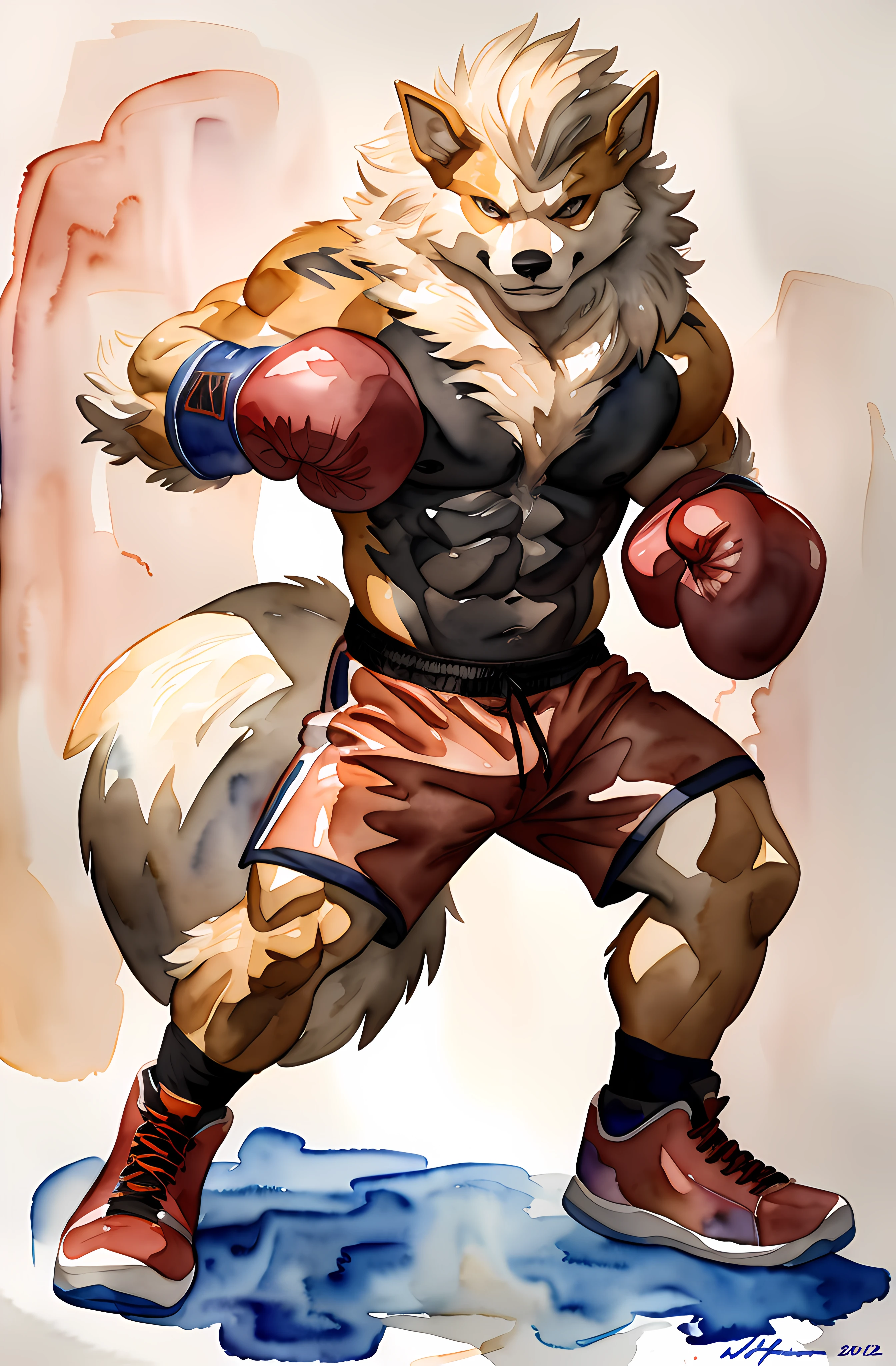 anthro Arcanine, posing for the camera, wearing boxing gloves. 4k, high resolution, best quality, posted on e621, (solo:1.2), anthro body, male, (mane:1.1), adult, masculine, (very muscular, heavyweight:1.2), correct anatomy, (white background:0.7), (watercolor background:1.3), (by wfa:1.2), (by chunie, by Taran Fiddler:0.8), (detailed eyes:1.2), (cel shaded:1.2), cartoony shading, (watercolors:1.2), (fluffy tail:1.2), (full body:1.3), (boxing gloves:1.1), (boxing trunks:1.2), (looking at viewer:1.2), bright eyes, (black stomach, black chest:1.2), (boxing shoes:1.2), angry eyes, cocky face