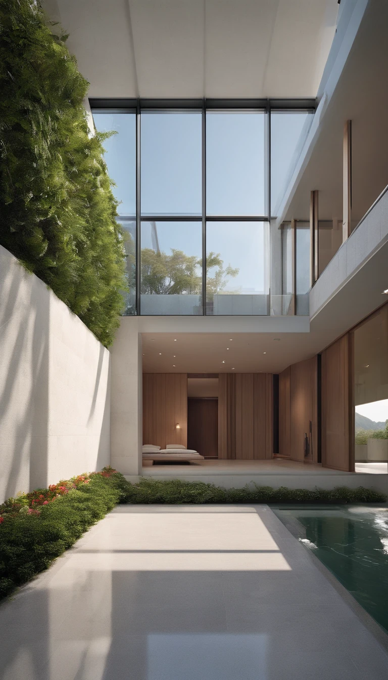 The style of the hotel is minimalist, Seven-story building, Mork Joe, vietnam, 11.5 meters wide, 34 meters long, Best quality, Ultra-detailed, Realistic:1.37, Fine details, Spacious lobby, Clean modern aesthetics, maximalist interior design, Large panoramic windows, Natural lighting, monochromatic color scheme, Neutral tones, Polished concrete floor, sleek furniture, Contemporary art, an art deco, Simple landscaping, Roof terrace, Panorama of the surrounding landscape, Vine-covered walls, tranquil ambiance, Simple room with floor-to-ceiling windows, cozy bed, Stylish bathroom with rain shower, Stylish lighting fixtures, Vertical garden, green floor, Minimalist sculpture in public areas, Peaceful swimming pool, Minimalist gym with state-of-the-art equipment, image in high resolution, Professional architectural renderings, Vivid colors, Soft lighting, tranquil ambiance.