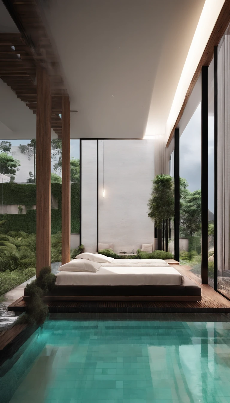 The style of the hotel is minimalist, Seven-story building, Mork Joe, vietnam, 11.5 meters wide, 34 meters long, Best quality, Ultra-detailed, Realistic:1.37, Fine details, Spacious lobby, Clean modern aesthetics, maximalist interior design, Large panoramic windows, Natural lighting, monochromatic color scheme, Neutral tones, Polished concrete floor, sleek furniture, Contemporary art, an art deco, Simple landscaping, Roof terrace, Panorama of the surrounding landscape, Vine-covered walls, tranquil ambiance, Simple room with floor-to-ceiling windows, cozy bed, Stylish bathroom with rain shower, Stylish lighting fixtures, Vertical garden, green floor, Minimalist sculpture in public areas, Peaceful swimming pool, Minimalist gym with state-of-the-art equipment, image in high resolution, Professional architectural renderings, Vivid colors, Soft lighting, tranquil ambiance.