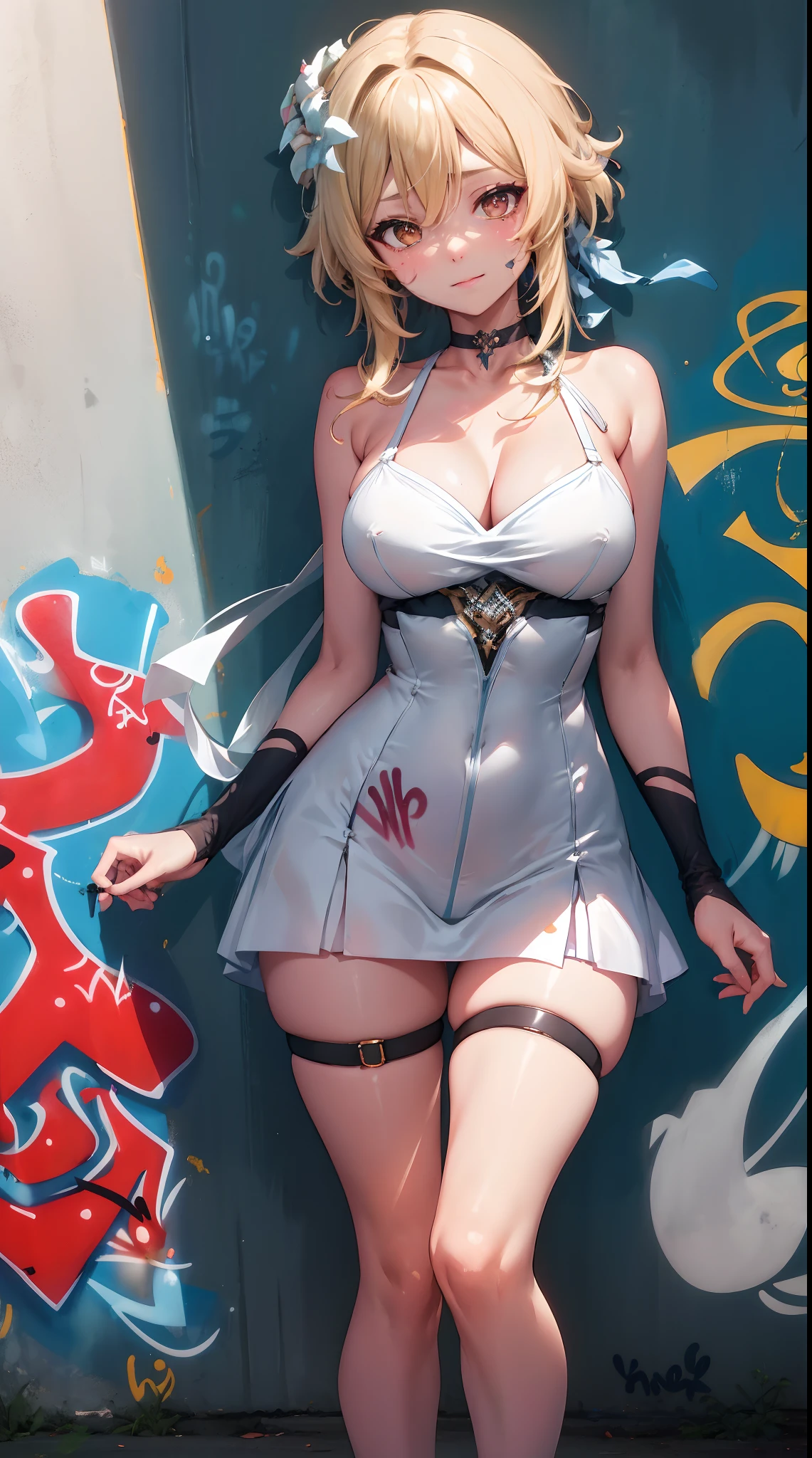 Lumine | genshin impact, master-piece, bestquality, 1girls,25 years old, proportional body, proportional., Wedding Dresses, White Wedding Dress, wedding, mediuml breasts, ,bara, choker, (Graffiti:1.5), Splash with purple lightning pattern., arm behind back, against wall, View viewers from the front., Thigh strap, Head tilt, bored, 10, 10, HD, slight smile,