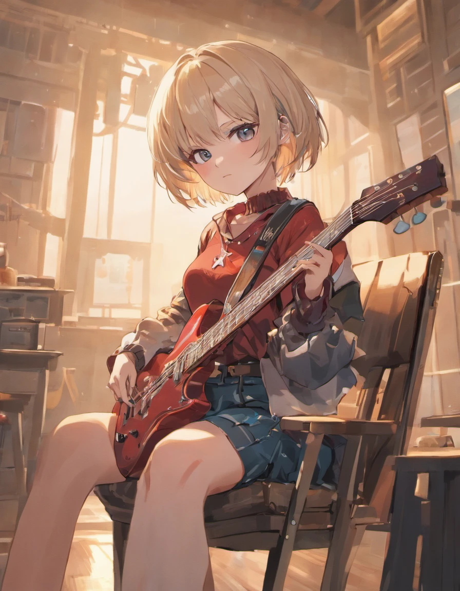 (ultra-realistic, highres, best quality, 4k, professional, cowboy shot), an illustration in Full HD that showcases a 21-year-old girl's cool style, beauty eyes, sharp eyes. Her Asymmetric Pixie hairstyle, silver hair, short hair, and left-facing bangs with red highlights make her stand out. Smile, She's dressed fashioned sweater, short pants, playing guitar, white room, siting on the minimalist chair, modern, exuding confidence and individuality.