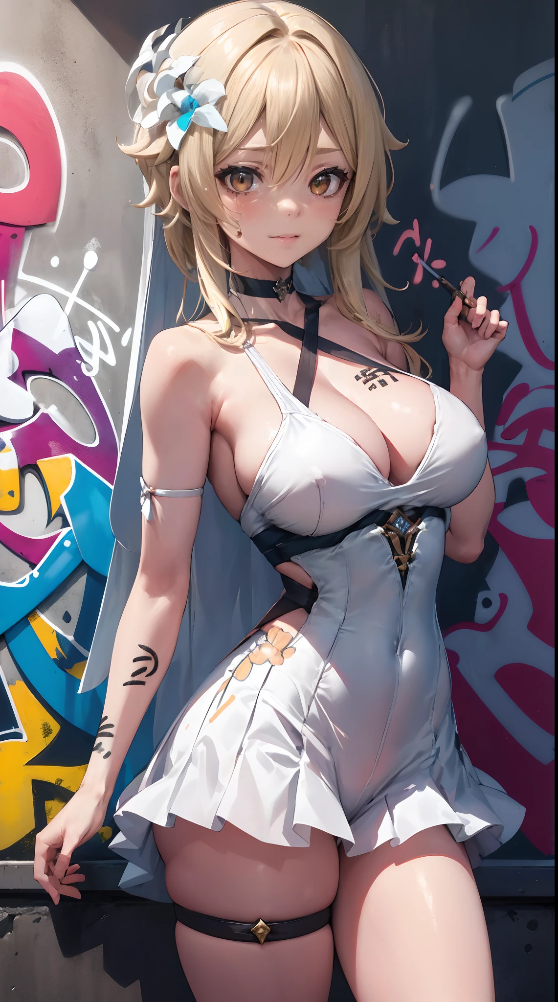 Lumine | genshin impact, master-piece, bestquality, 1girls,25 years old, proportional body, proportional., Wedding Dresses, White Wedding Dress, wedding, mediuml breasts, ,bara, choker, (Graffiti:1.5), Splash with purple lightning pattern., arm behind back, against wall, View viewers from the front., Thigh strap, Head tilt, bored, 10, 10, HD, slight smile,