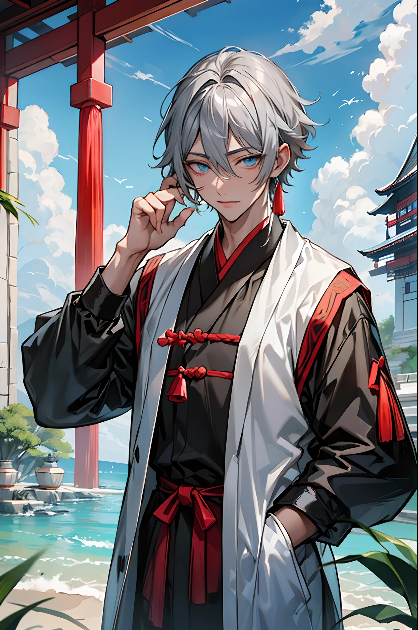 tmasterpiece,Need,超高分辨率,shoun,Chinese ancient style,(Short silver-gray hair),blue color eyes,Libido boy,adolable,banya,The corals,Clouds,wave,Kamimei