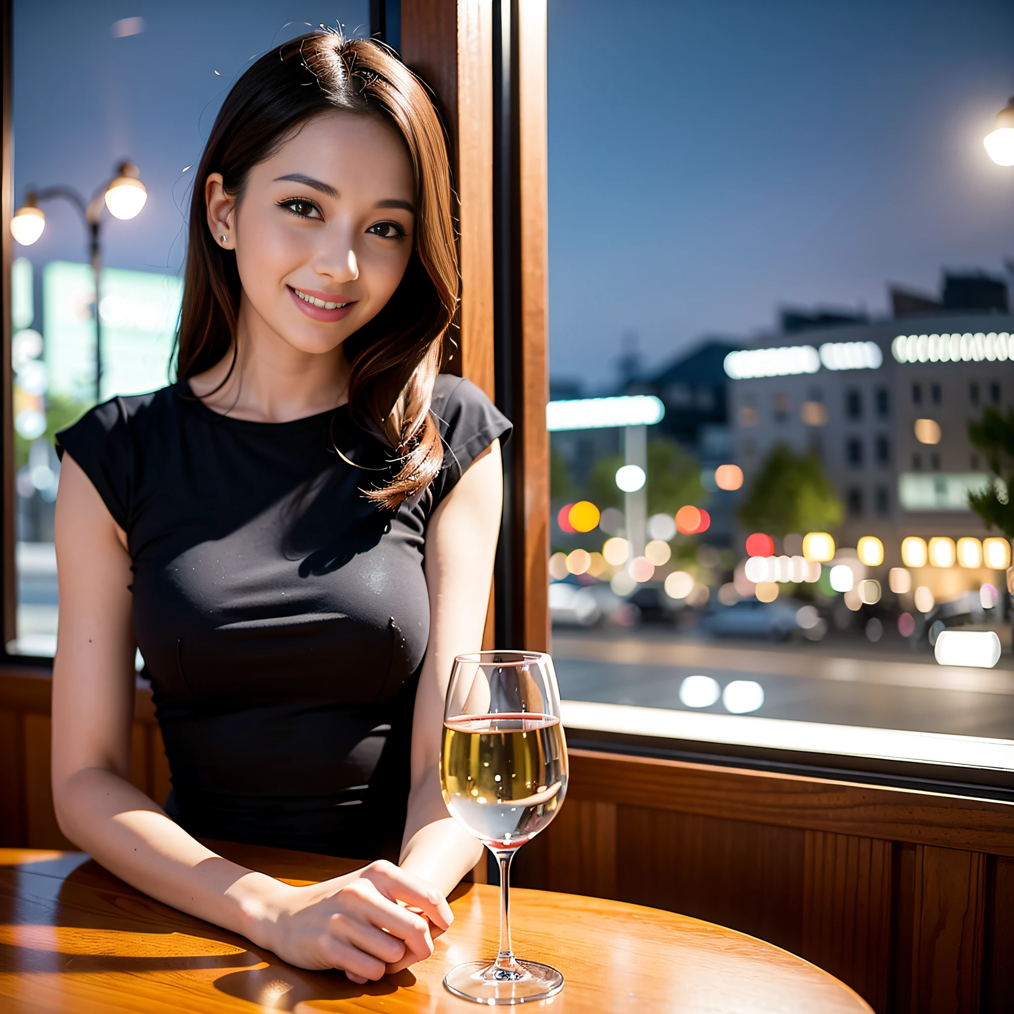 (64K, UHD, top quality, masterpiece: 1.2), (realistic, photorealistic: 1.37), super detailed, pretty woman 1 person, (slim face), (slim body), (brown hair), (short cut), cheeks slightly blushing, (35 years old), 38 years old, solo, beautiful detailed urban night view outside the window, restaurant, wine glasses sit, at night, in a prominent place (from the waist up) NovaFrogStyle, Actress, Model, Waist Up, White Wine, Slim, Wine Glass, Super Clean Night View, Wine Glass Put in the Middle, Happy Smile, (Smile: 1.15), Beautiful Fine Eyes, Upper Body, Bust Japan Up, Night, Short, Short, Actress, Model, Waist Up, White Wine, Slim, Wine Glass, Super Clean Night View, Wine Glass Put in the Middle, Happy Smile,