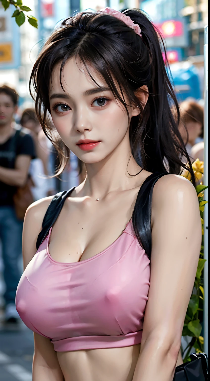 18-year-old schoolgirl, cute schoolgirl, beautiful girl, delicate and beautiful girl, delicate facial features, long-range portrait, 8K picture quality, extreme detail, detail portrayal, messy hair, (cute bangs), ponytail, flowing hair, black hair, slim face, perfect proportioned body, slim body, realism, super high resolution, master work 1, real texture, movie lighting realism, facial features, supple lips, ((pure desire makeup)), pure girl, first love, first love, shyness, Blush, shyness, innocent expression, summer, outdoors, ((street reality)), gaze at the camera, look at the viewer, (turtleneck sleeveless crop top), ((pink), leather wrapping, (huge breasts), sleeveless