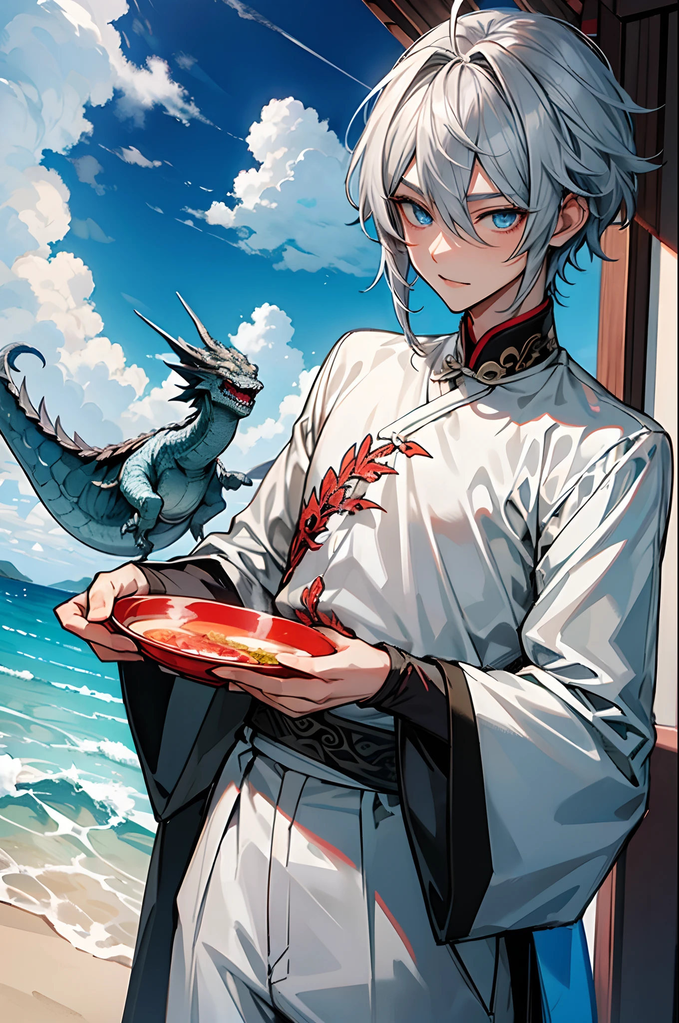 tmasterpiece,Need,超高分辨率,shoun,Chinese ancient style,(Short silver-gray hair),blue color eyes,Libido boy,adolable,banya,Dragon tail,The corals,Clouds,wave,Kamimei