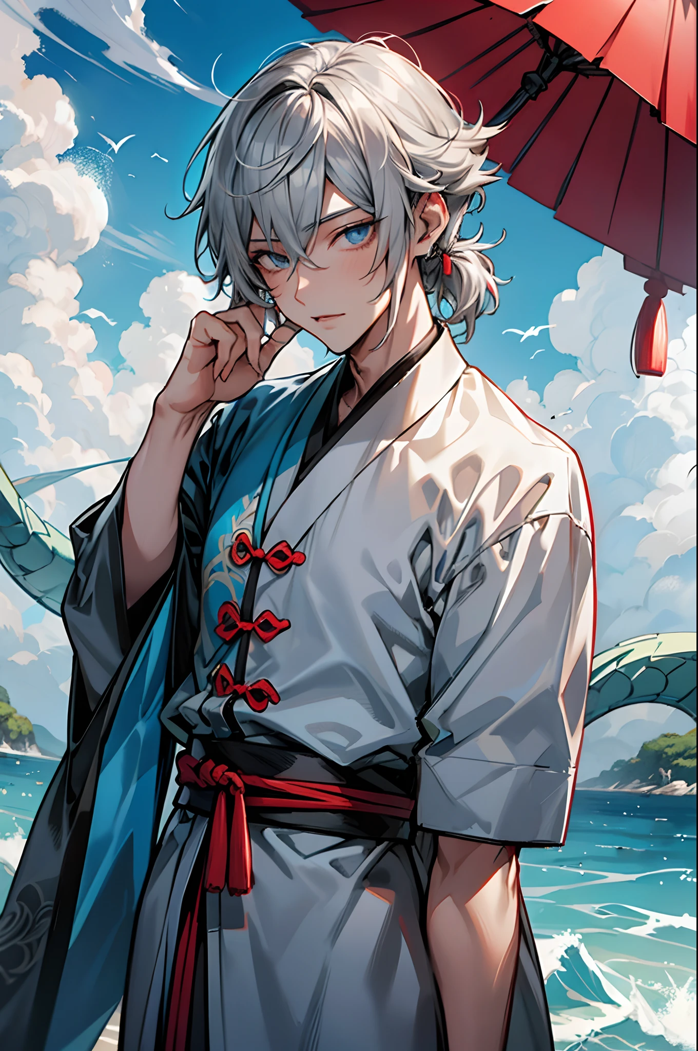 tmasterpiece,Need,超高分辨率,shoun,Chinese ancient style,(Short silver-gray hair),blue color eyes,Libido boy,adolable,banya,Dragon tail,The corals,Clouds,wave,Kamimei