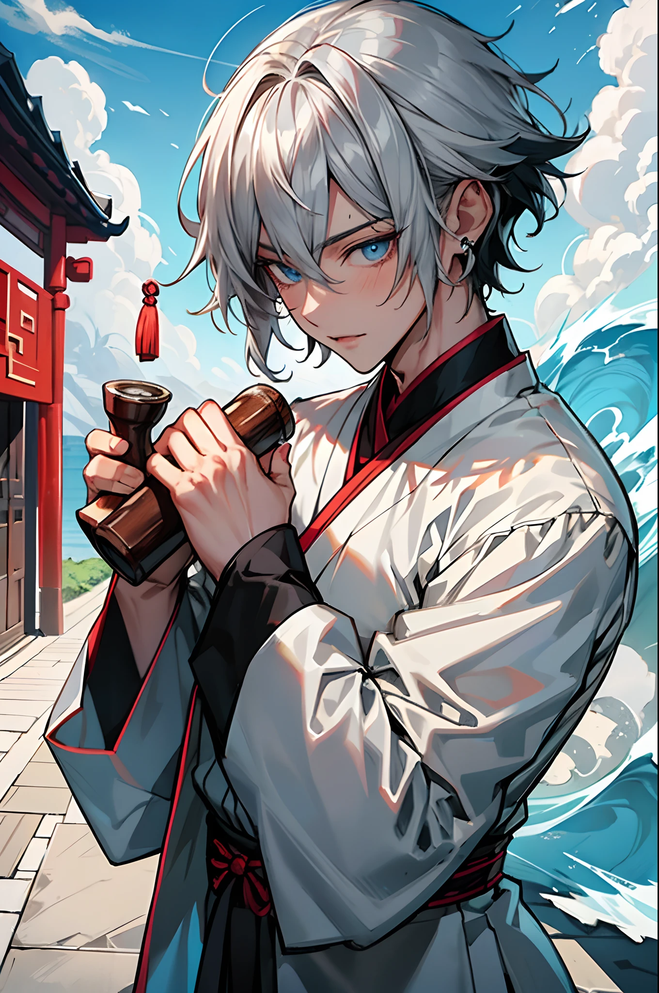 tmasterpiece，Need，超高分辨率，shoun，Chinese ancient style，(Short silver-gray hair)，blue color eyes，Libido boy,adolable，banya，Dragon tail，The corals，Clouds，wave，Kamimei