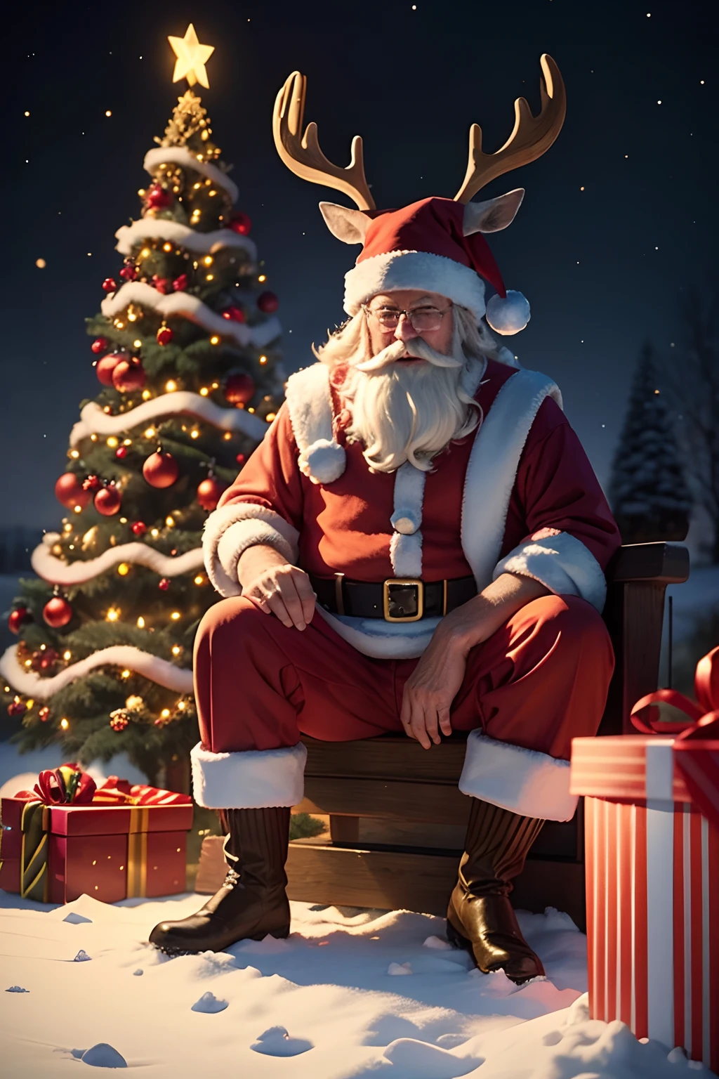 christmas,A Santa Claus wearing Christmas stockings stands under a Christmas tree covered with colorful lights,Next to it lies a Christmas elk