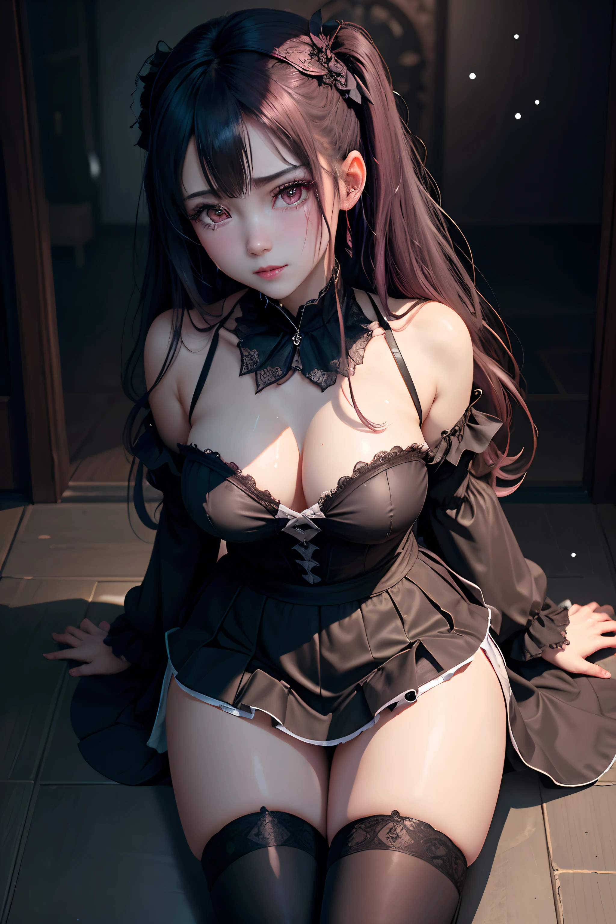 A sexy、A slight smil、garterbelts、knee high socks、panthyhose、Beautifying the world、Unhappy、Lament my night's fantasy、Transcendent beauty、Beautiful shape、wretched、ghosts、wraiths、Evil Spirit、Beautiful、boredom、Unusual beauty、Bewitching、Fornication、Hard Dark Gothic Makeup、Maniacal、Deep night sky、horor、twin-tail hair、Black Dark Eyeshadow、slaves、crying how bright、mourn、Sad songs、Good skin luster、Lace pink、Long hair straight hair、Dark Gothic Makeup、Dark smile、Restless Palace、Expressions of sexual arousal、Fragrant beauty、age19、carriage、Lying、seductiv、Strong sexual pleasure facial expressions、A look of shame、open one's legs、Dark Gothic、Gothic Long Dress、Gothic ta、bright pink hair、masturbation、bell sleeves、Wizard Sleeve、Obscene look、Stained glass background、masutepiece、Best Quality、Ultra-detailed、Refers to 5 books、Sweat glitters on my chest、Glitter of sweat on your face、Glistening with huge amounts of sweat on my thighs、Expression of sexual pleasure in anguish、I'm sweating a lot、Drunken face、maid clothes、Nasty Woman、Mysterious、noble、Face holding back the toilet、Goth lolithes、Black pretend skirt、from below looking up、to stand、The body is wet and shiny、Has a transcendent sex appeal、Sexy poses、Nasty poses、