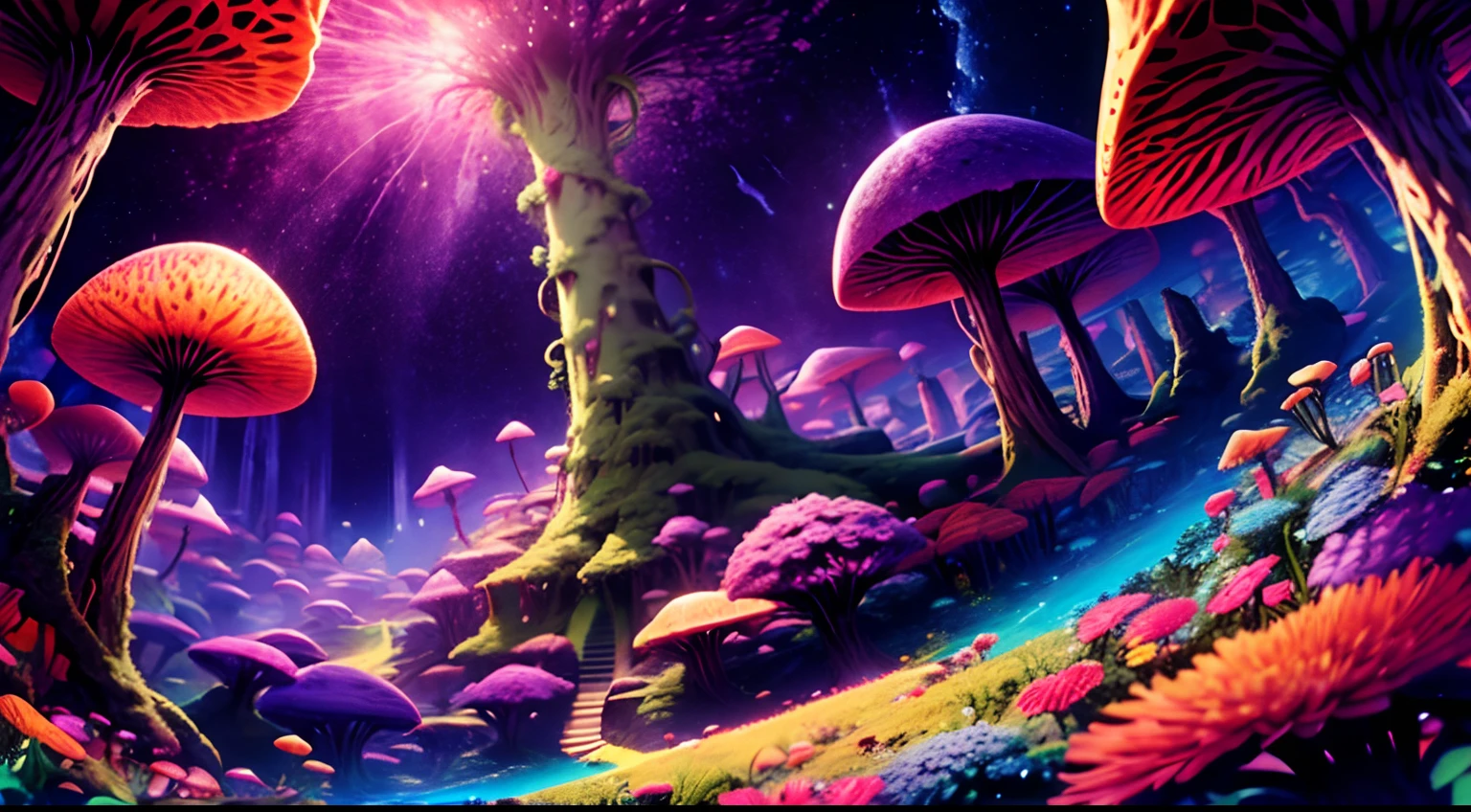 A close up of a painting of a forest with mushrooms - SeaArt AI