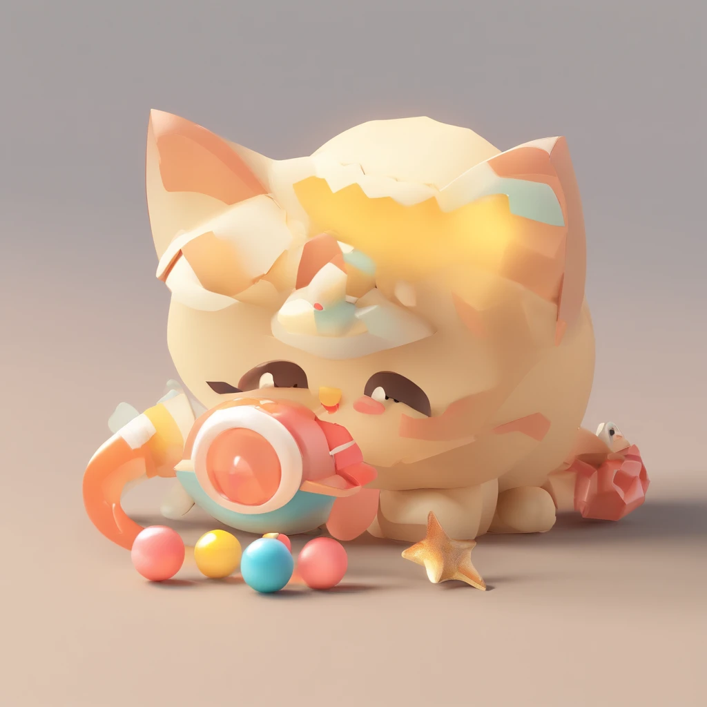 Little cute isometric cat emoji, swallow, Cute furry, Pastel gold background, Take the fish ,A wooden fish in his hand,soft and muted colors, 3d icon clay render, 120mm lens, 3d blender render, trending on polycount, modular constructivism, White background, physically-based renderingt, Centered