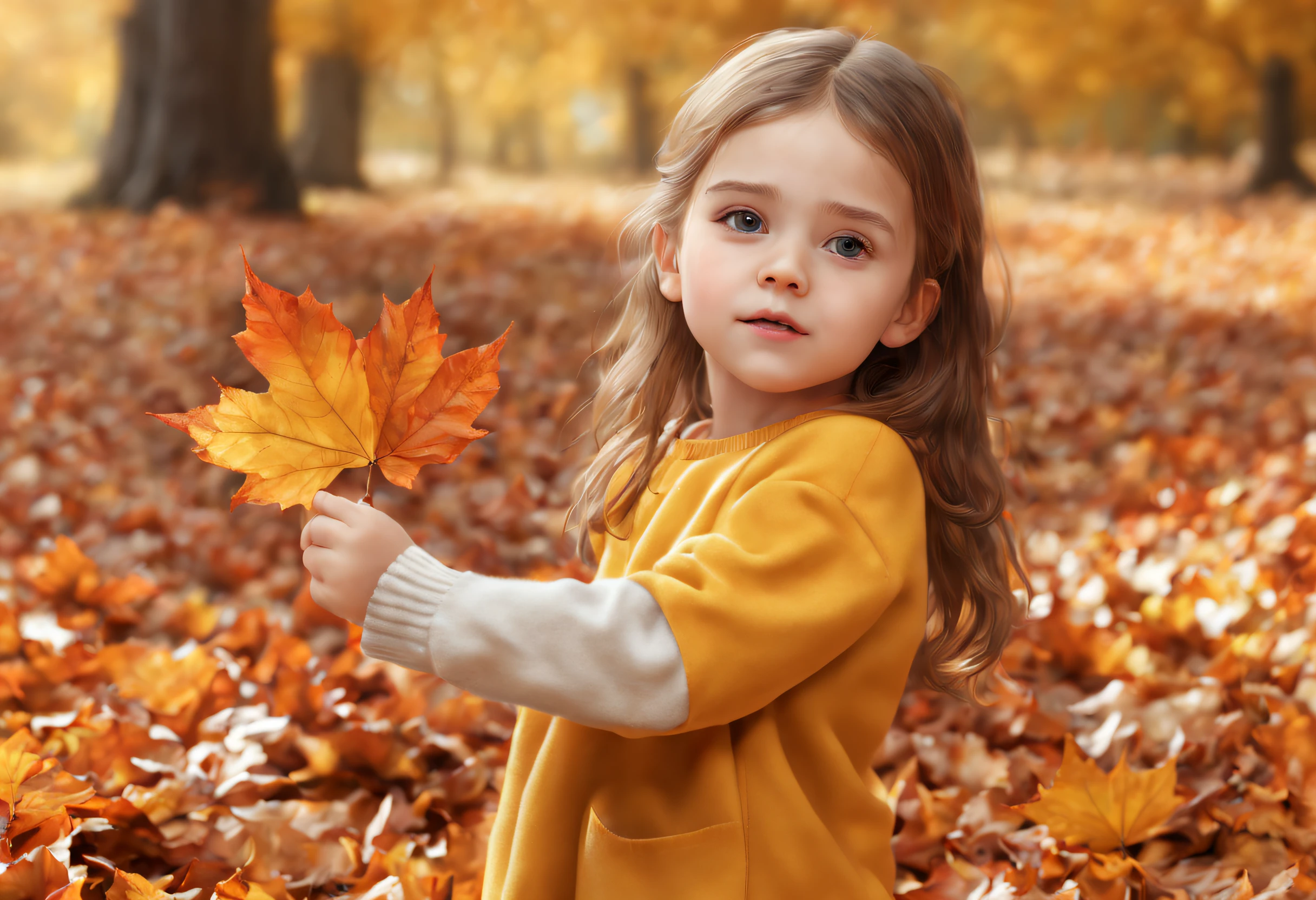 (best quality, 4k, 8k, high resolution, masterpiece: 1.2), ultra detailed, (realistic, photorealistic, photorealistic: 1.37), Autumn game for children. a cute little girl with collected dried maple leaves in her hand throws fallen dry leaves