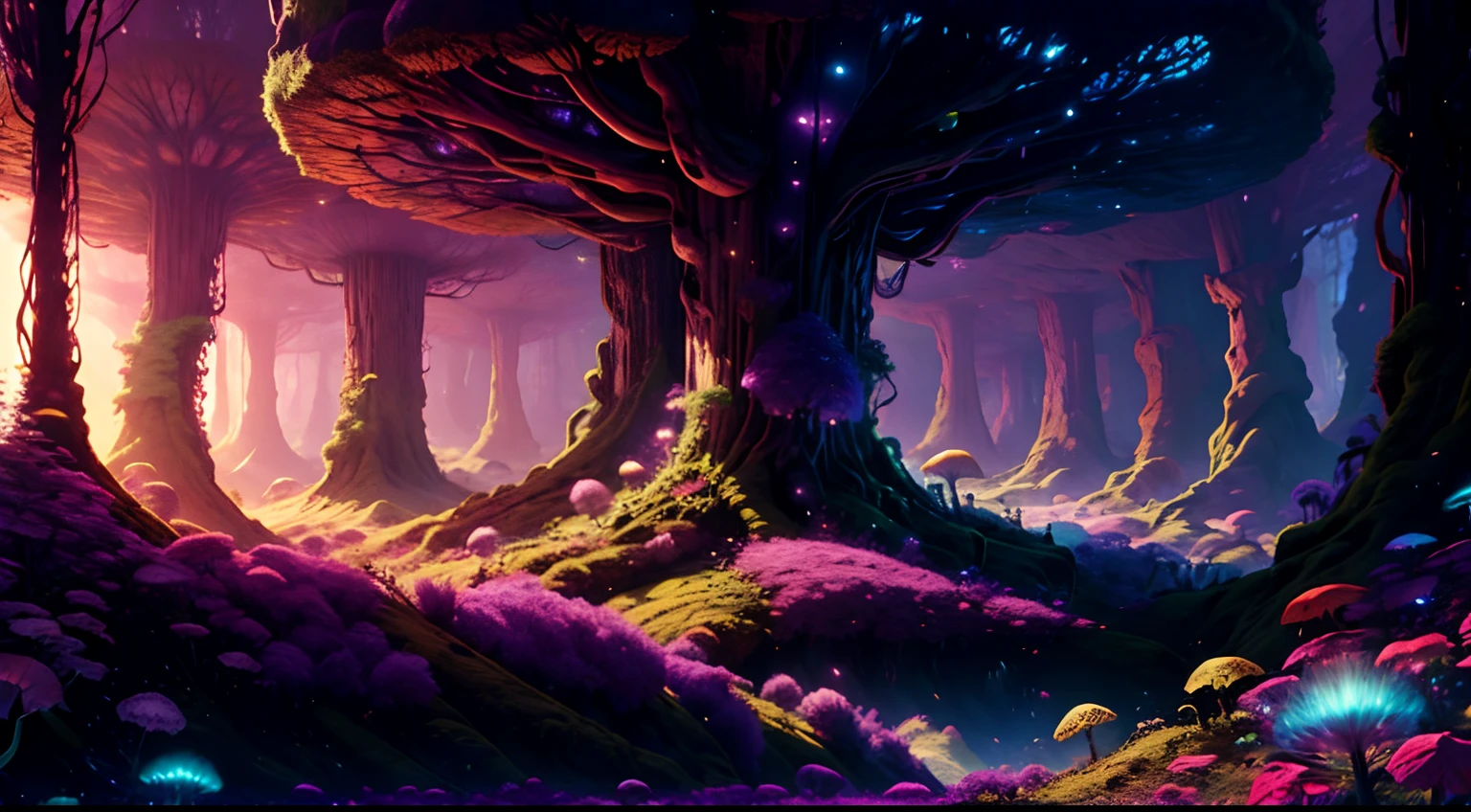 Fantasy meadow forest, big trees with purple leaves, day, glowing light particles in the leaves, elves