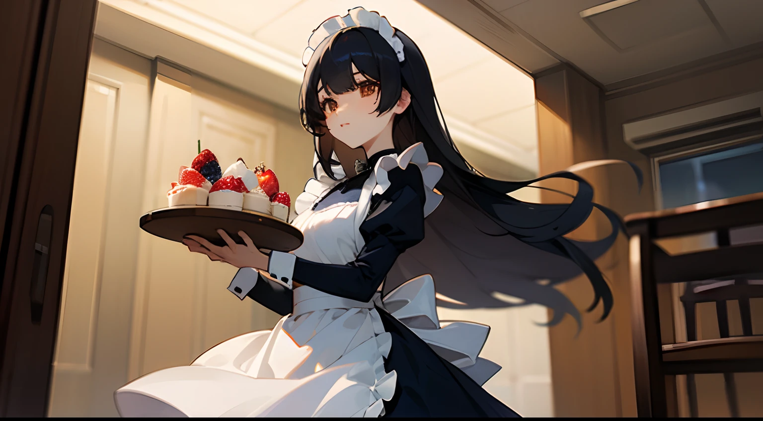 Semi-long black hair、a beauty girl、Navy blue maid clothes、Maid Cafe、serving、Brown eyes、Carry a fruit parfait、