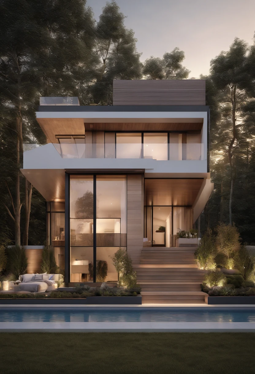 (Best quality,3D rendering of),Detached House with 3 bedrooms,Living room,Kitchen and bathroom,Spacious and bright interior,Modern design,An architectural masterpiece,Two-story building,a screenshot of a landscape with "l" Special-shaped batches,Large front porch,Beautiful landscaped gardens,Modern façade with floor-to-ceiling windows,Open-concept layout,High ceilings throughout the house,Elegant stairs,Plenty of natural light,High-end finishes and fixtures,Stylish furniture and décor,Natural wood floors,neutral color palette,Cozy and warm atmosphere.