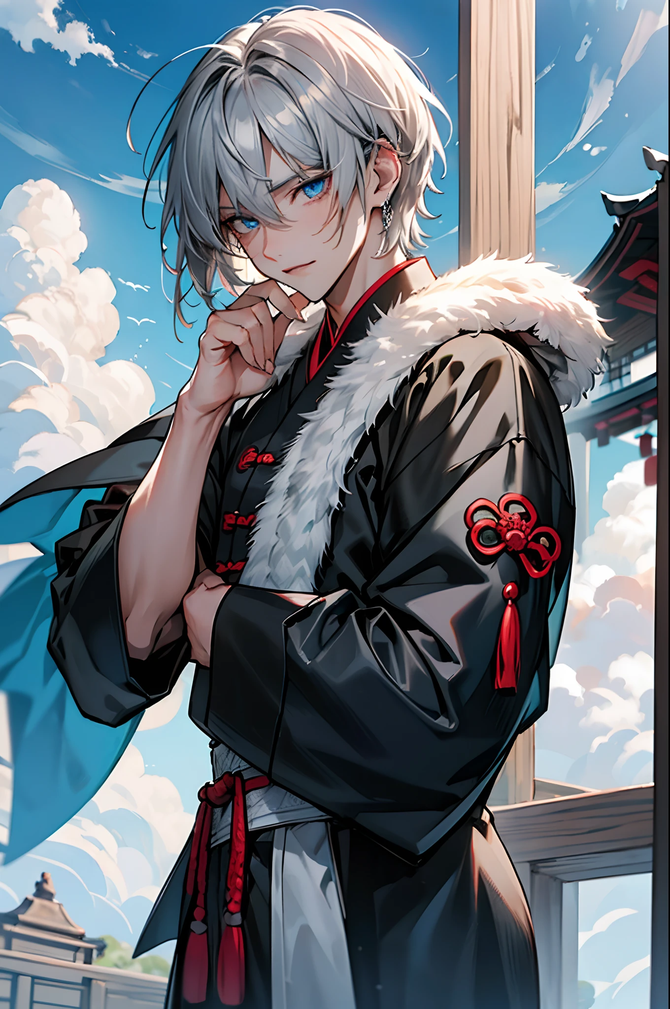 tmasterpiece,Need,超高分辨率,shoun,Chinese ancient style,(Short silver-gray hair),blue color eyes,Libido boy,adolable,Scales,Clouds,Kamimei
