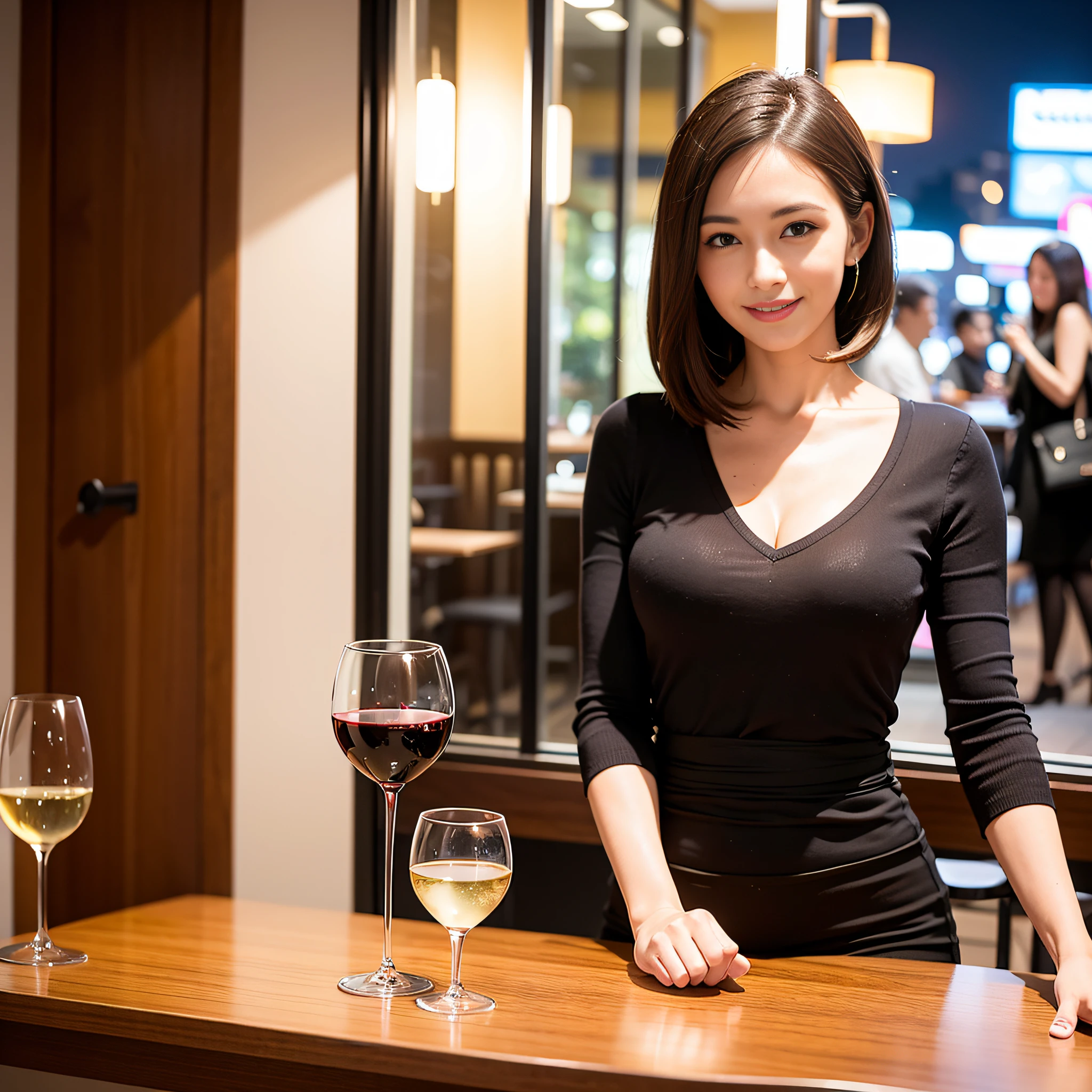 (64K, UHD, top quality, masterpiece: 1.2), (realistic, photorealistic: 1.37), super detailed, pretty woman 1 person, (slim face), (slim body), (brown hair), (short cut), cheeks slightly blushing, (35 years old), 38 years old, solo, beautiful detailed urban night view outside the window, restaurant, wine glasses sit, at night, in a prominent place (from the waist up) NovaFrogStyle, Actress, Model, Waist Up, White Wine, Slim, Wine Glass, Super Clean Night View, Wine Glass Put in the Middle, Happy Smile, (Smile: 1.15), Beautiful Fine Eyes, Upper Body, Bust Japan Up, Night, Short, Short, Actress, Model, Waist Up, White Wine, Slim, Wine Glass, Super Clean Night View, Wine Glass Put in the Middle, Happy Smile,