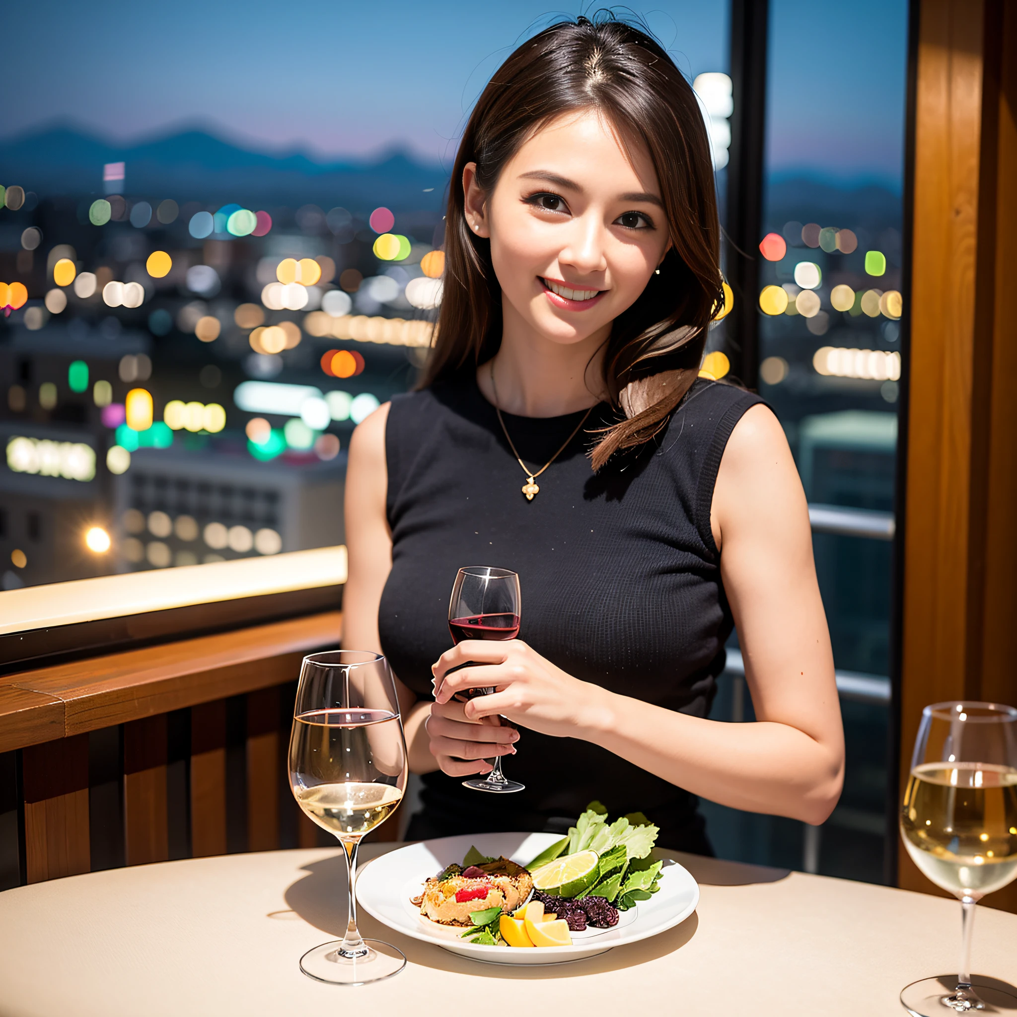 ((Highest quality、8K、masterpiece:1.3))、 (Ultra-realistic、 Genuine、Bright image、Intricate details:1.2), 最高のsmile、1 male 1 female、Beautiful couple、Slim lovers、Kind woman、actress couple、smile、Full-course dinner at a packed table、 (Slim face), (the body is slim), (Brown Hair), (short hair), テーブルのwine glass、Please shine a light on my face、 Amazing view of the sunset sky and clouds、35 years old 39 years old, red wine 、Appetizers、Wine bottle、sparkling wine、Long sleeve shirt、dress、White wine, red wine, wine glass,