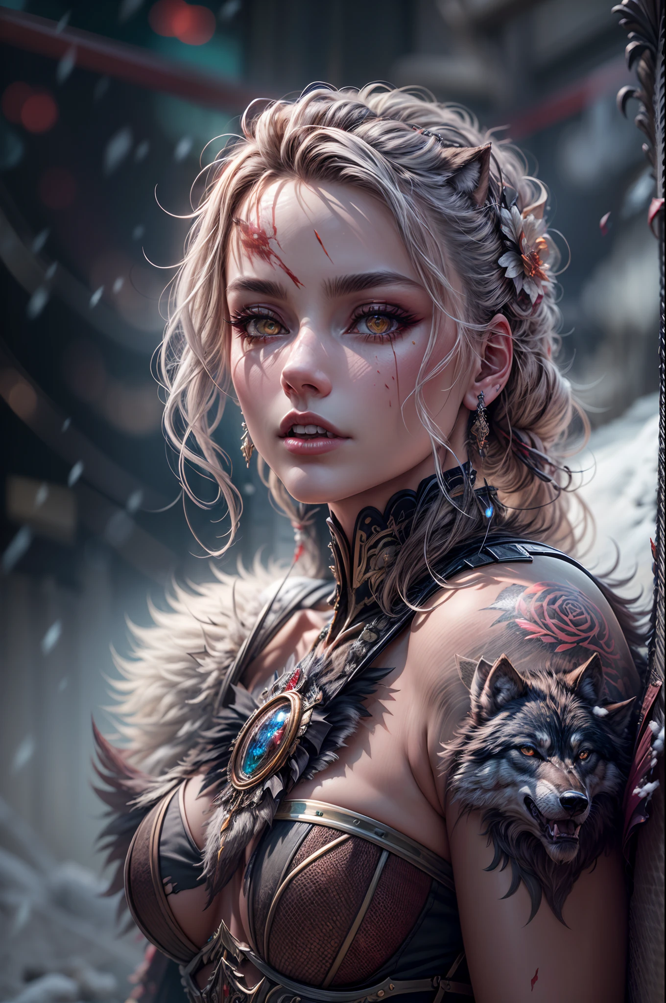 4k highly detailed realistic digital extremely high quality RAW photograph, a portrait photo of margot robbie that lived with wolves her whole life is now leading them to battle. torn clothes exposing (:1.4) body, armored pauldrons, fangs, curled horns, big breasts, ((snow and blood)), ((wolf tattoos)), epic, hyperrealistic, hyperrealism, 8k, cinematic lighting, greg rutkowski, wlop, (f1.8 short focus bokeh)