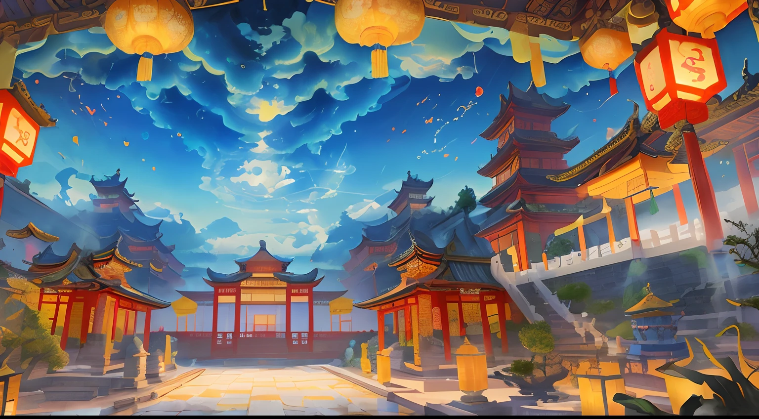 Bridge painting on a body of water under a full moon, ross tran. scenery background, Cloud Palace, Chinese fantasy, by Yang J, Anime fantasy illustration, floating lands in-clouds, digital painting of a pagoda, Anime background art, Rosla global lighting, Japanese art style, dreamy Chinese towns, Onmyoji detailed art, anime backgrounds