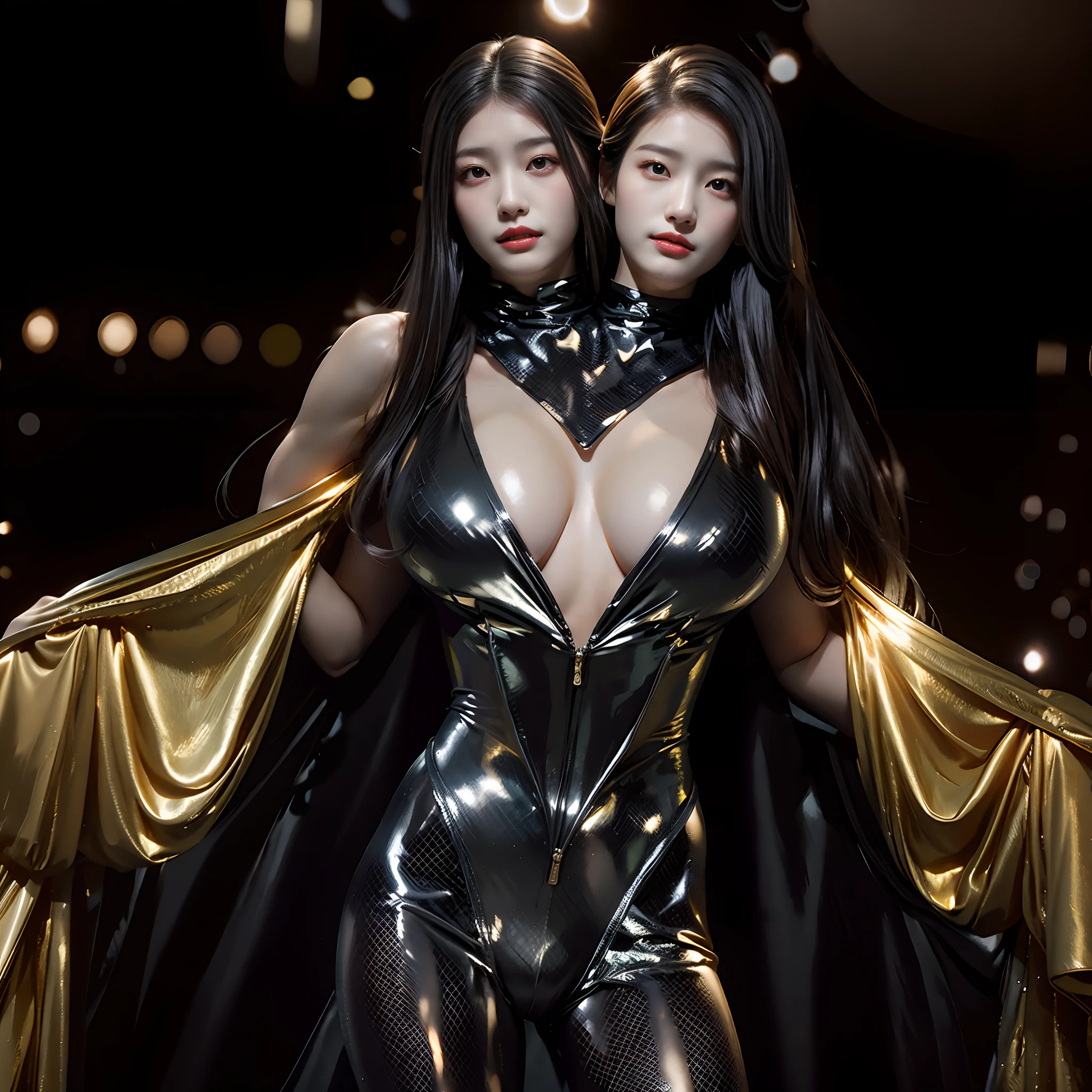 "Best Quality, Two-headed Korean girl, tall,is standing,Colossal tits,kneehigh boots, Black pantyhose,Looking at the camera,Fulll body Shot, simple background."
