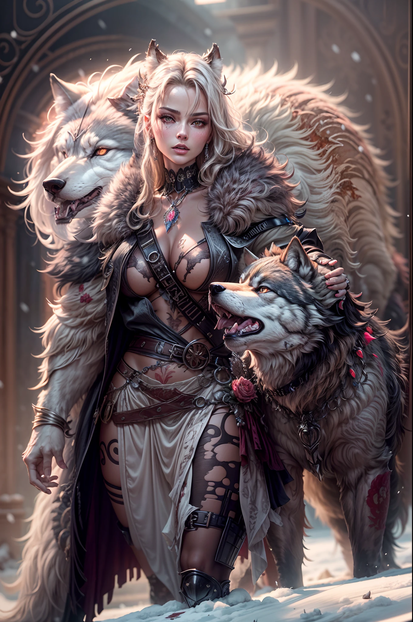 4k highly detailed realistic digital extremely high quality RAW photograph, a portrait photo of margot robbie that lived with wolves her whole life is now leading them to battle. torn clothes exposing (:1.4) body, armored pauldrons, fangs, curled horns, big breasts, ((snow and blood)), ((wolf tattoos)), epic, hyperrealistic, hyperrealism, 8k, cinematic lighting, greg rutkowski, wlop, (f1.8 short focus bokeh)