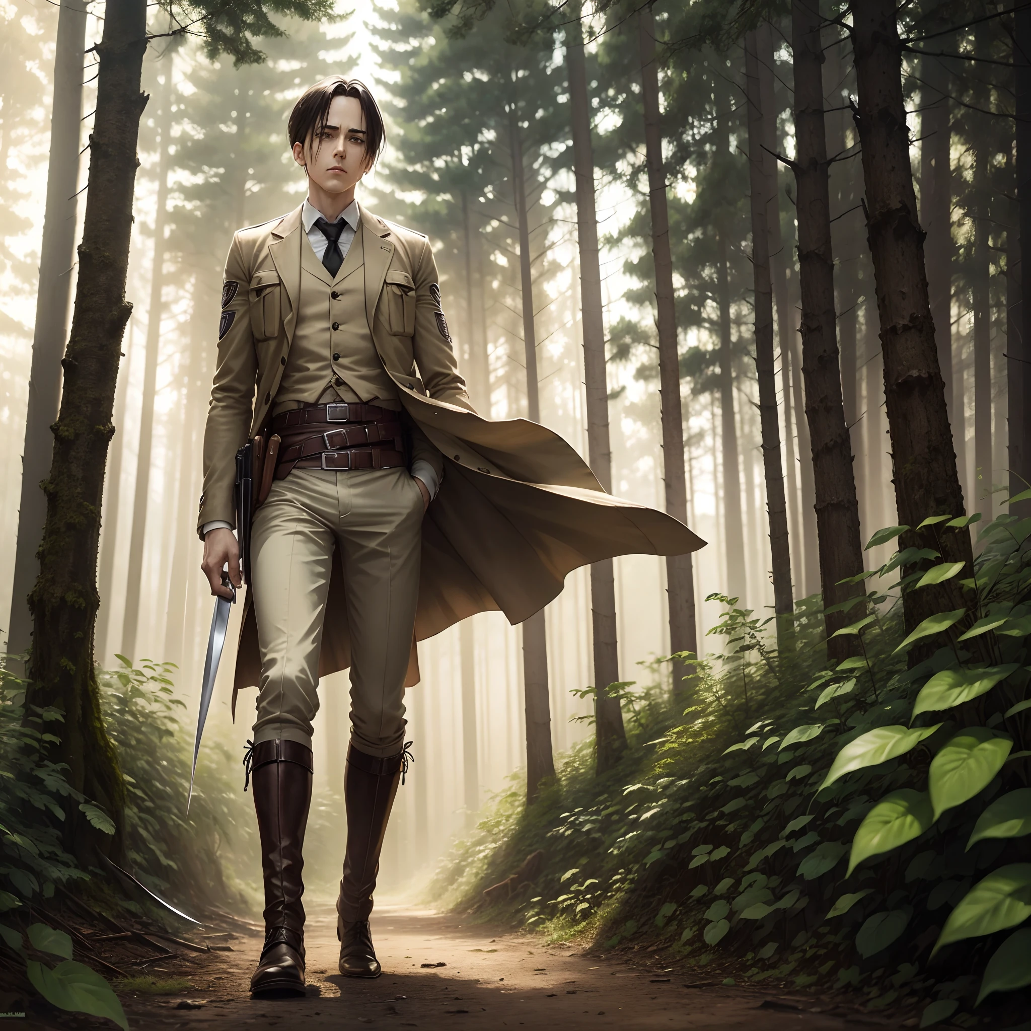 Masterpice, high quality, 4k,Attack on Titan anime, levi ackerman, excellent quality, levi ackerman standing with a knife in the forest, good face, levi ackerman character, masterpiece, 2d --auto