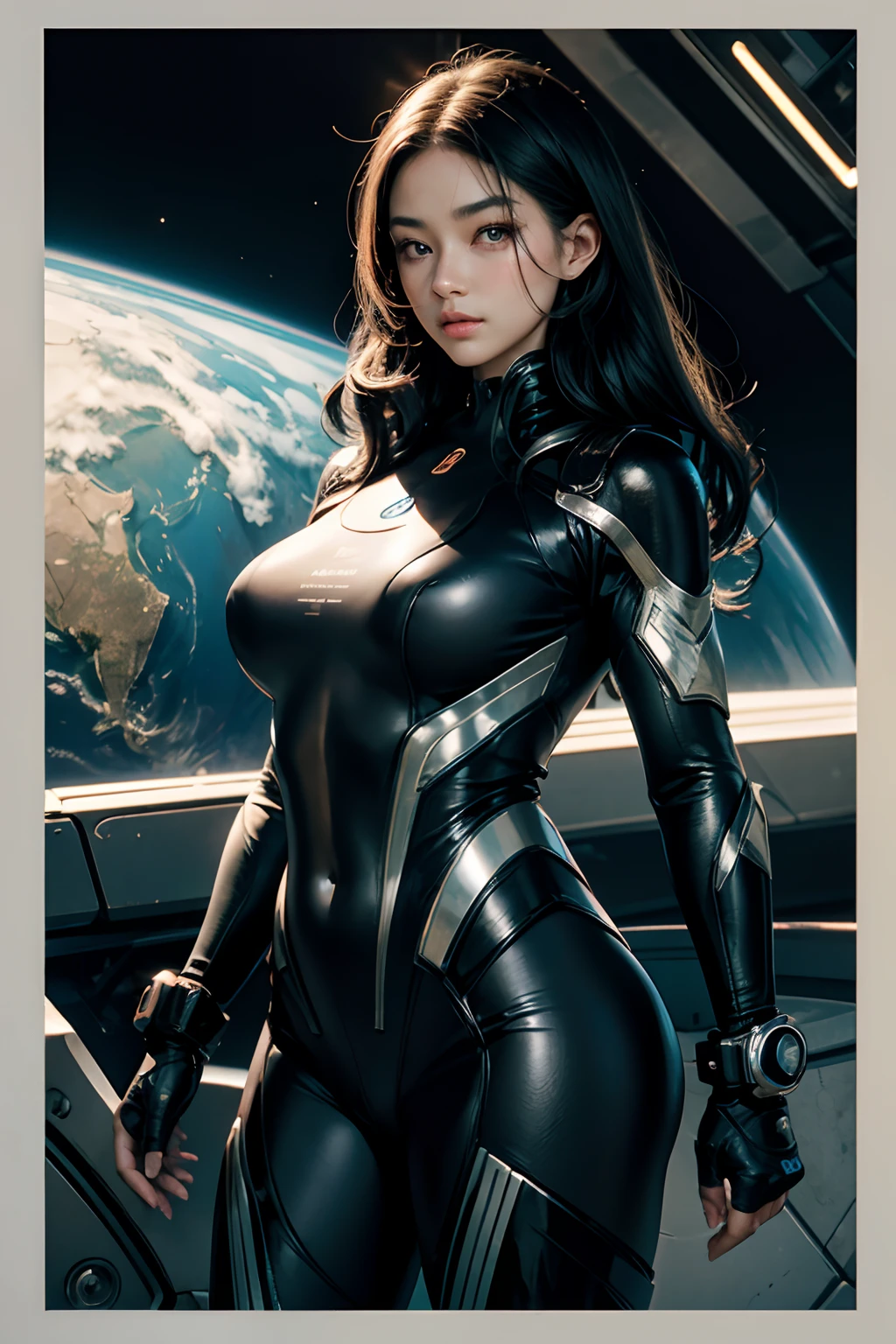 One Beautiful Woman。Detailed depiction of the face。Masterpiece。Beautiful double eyes。Passed nasal muscle。Plump and thick lips。Beautiful egg-shaped facial contours。Her black hair is neatly aligned at her forehead.。She fits snugly to the body、Like a wetsuit、Wearing a metallic combat suit。She is standing in a spaceship。８K image quality。