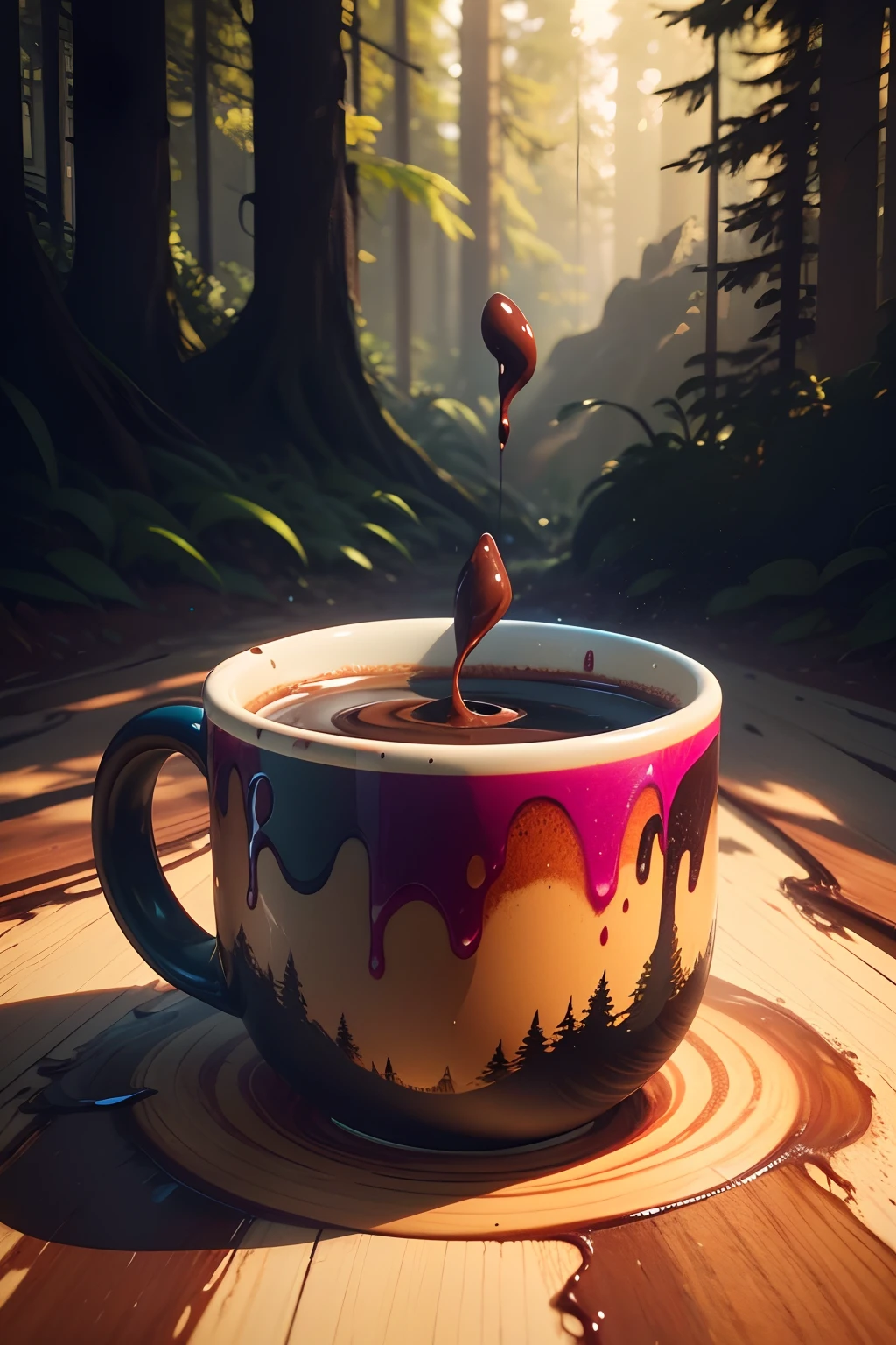 3d portrait of a large mug of coffee, forest background)), epic Instagram, artstation, Dripping Abstract Paint, splash style of colorful paint, contour, hyperdetailed intricately detailed , Vibrant Colors, unreal engine, fantastical, intricate detail, complementary colors, fantasy concept