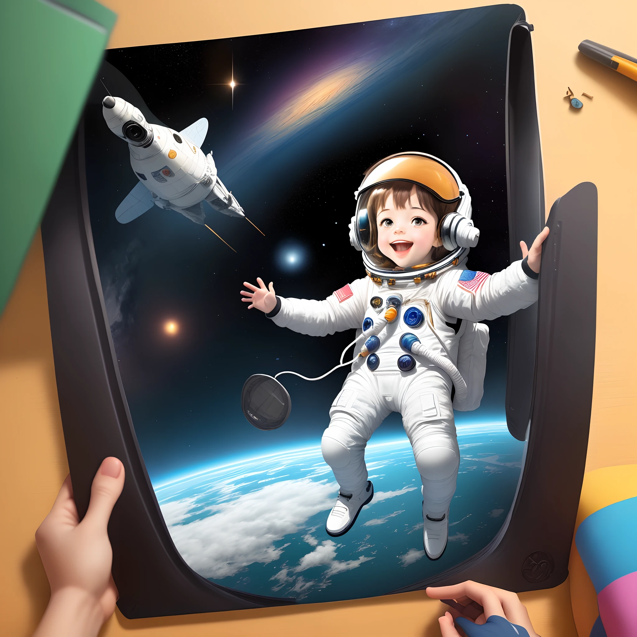 Generate a colorful and captivating title page illustration for the children’s book ‘Adventure in Outer Space.’ The image should feature the title prominently, with a cheerful astronaut waving from the cockpit of a spaceship. Make it appealing and suitable for 3 to 5-year-old readers.”