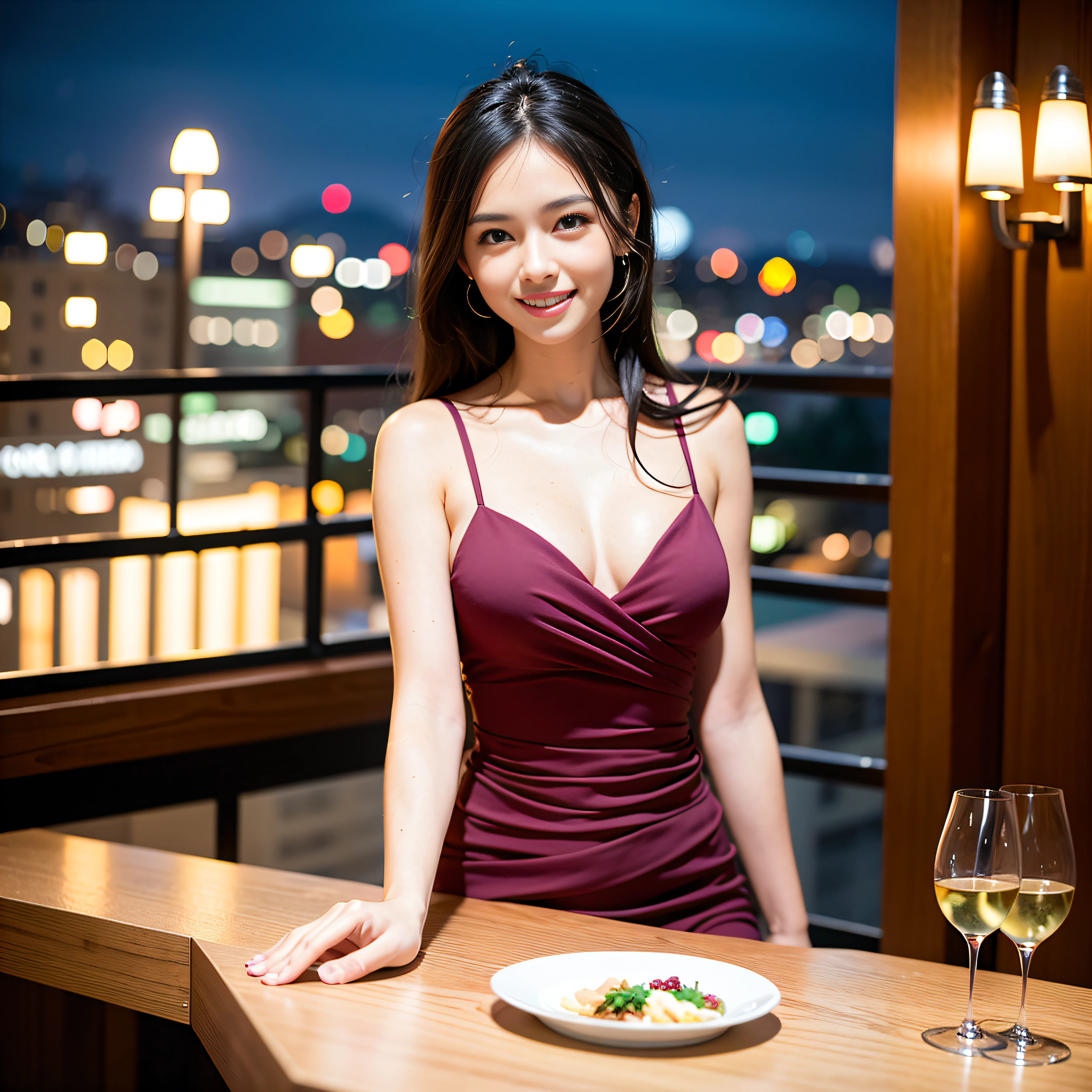 (64K, UHD, top quality, masterpiece: 1.2), (realistic, photorealistic: 1.37), super detailed, pretty woman 1 person, (slim face), (slim body), (brown hair), (short cut), cheeks slightly blushing, (35 years old), 38 years old, solo, beautiful detailed urban night view outside the window, restaurant, wine glasses sit, at night, in a prominent place (from the waist up) NovaFrogStyle, Actress, Model, Waist Up, White Wine, Slim, Wine Glass, Super Clean Night View, Wine Glass Put in the Middle, Happy Smile, (Smile: 1.15), Beautiful Fine Eyes, Upper Body, Bust Japan Up, Night, Short, Short, Actress, Model, Waist Up, White Wine, Slim, Wine Glass, Super Clean Night View, Wine Glass Put in the Middle, Happy Smile,