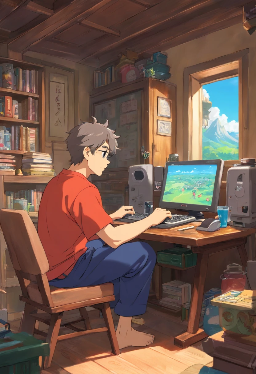 A man is updating his blog using a computer in his room. He is wearing loungewear. His hobby is muscle training. His room has protein and dumbbells. High-quality depiction.