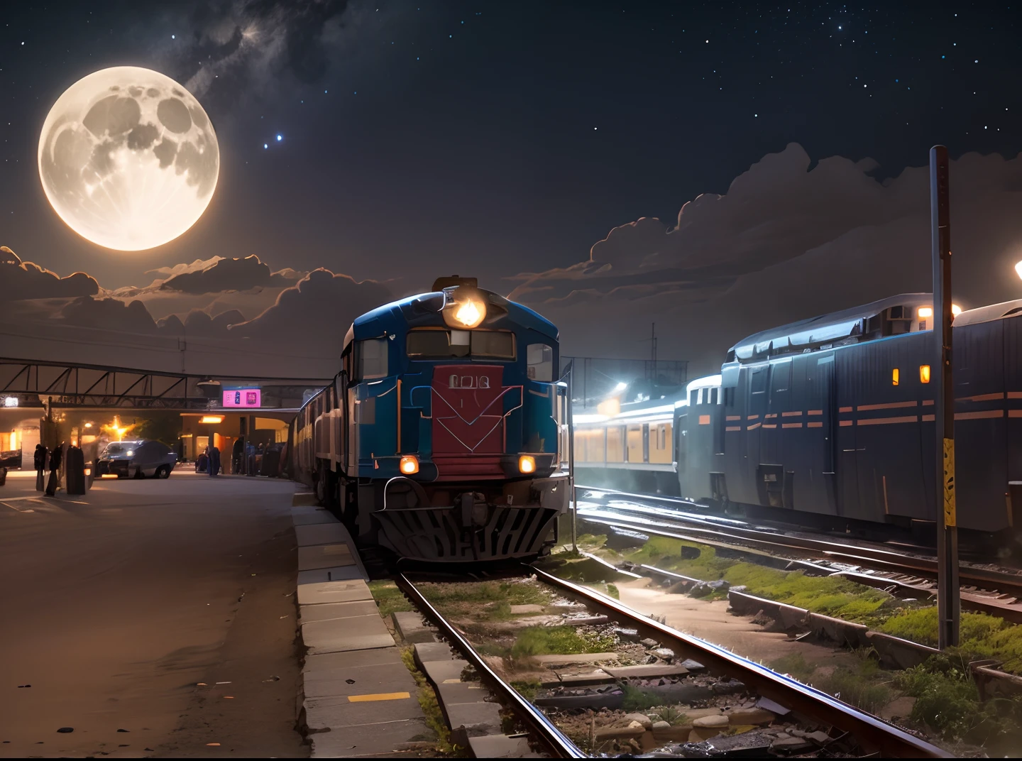 Hd quality, beautiful train in night with Bright headlights, half white moon and shining stars on sky
