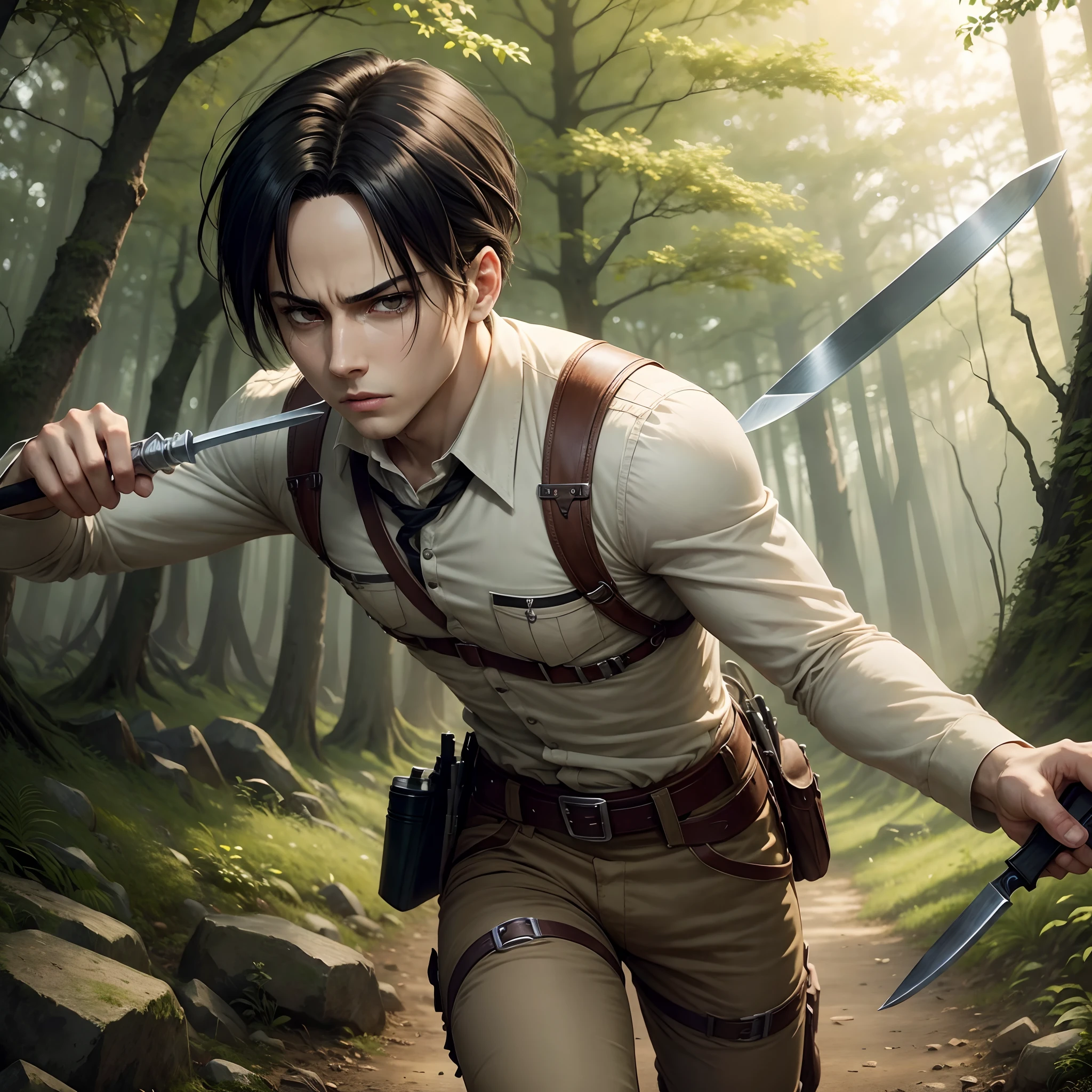 Masterpice, high quality, 4k,Attack on Titan anime, levi ackerman, excellent quality, levi ackerman standing with a knife in the forest, good face, levi ackerman character, masterpiece, 2d --auto