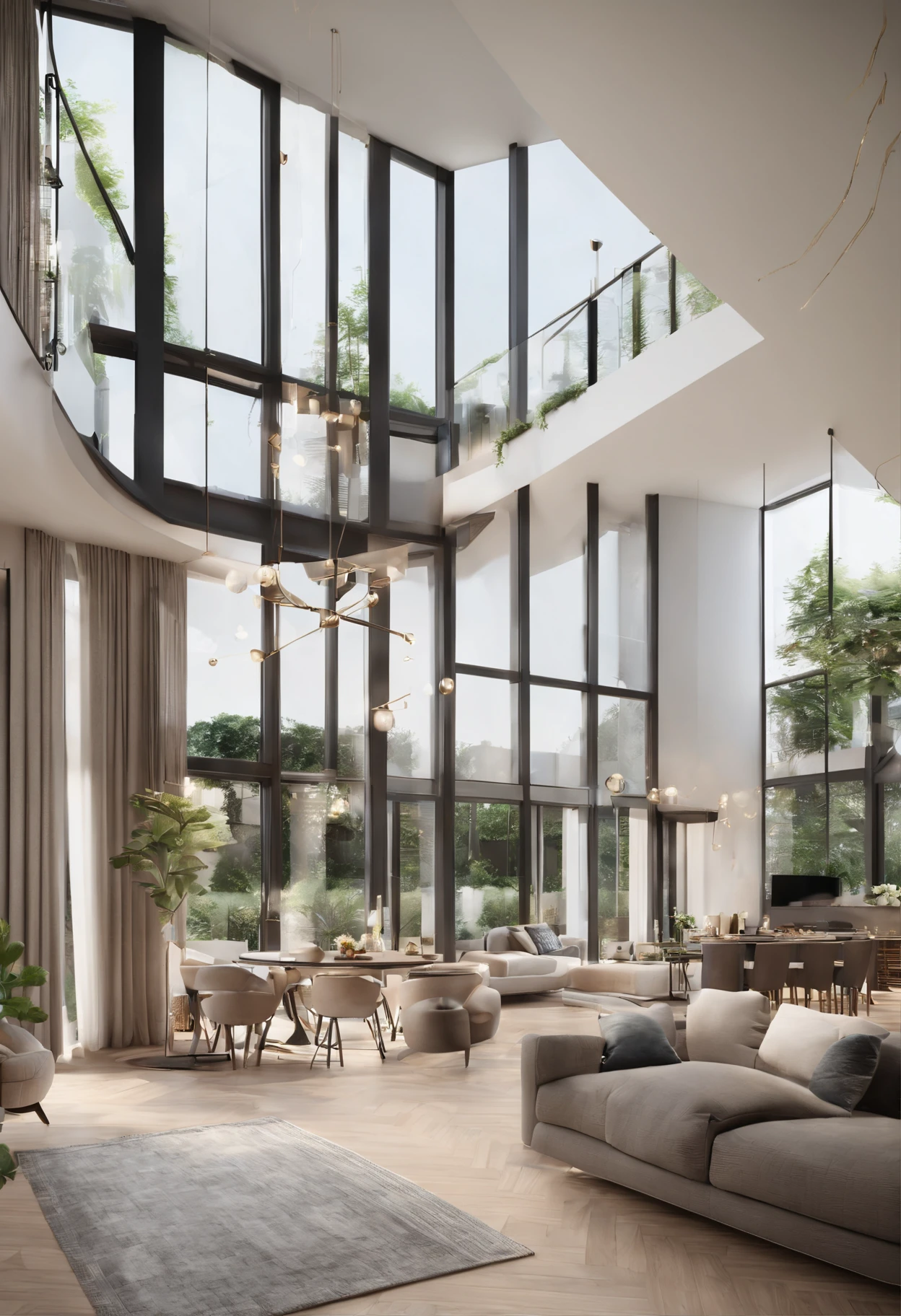 (Best quality,3D rendering of),Detached House with 3 bedrooms,Living room,Kitchen and bathroom,Spacious and bright interior,Modern design,An architectural masterpiece,Two-story building，a screenshot of a landscape with "l" Special-shaped batches,Large front porch,Beautiful landscaped gardens,Modern façade with floor-to-ceiling windows,Open-concept layout,High ceilings throughout the house,Elegant stairs,Plenty of natural light,High-end finishes and fixtures,Stylish furniture and décor,Natural wood floors,neutral color palette,Cozy and warm atmosphere.