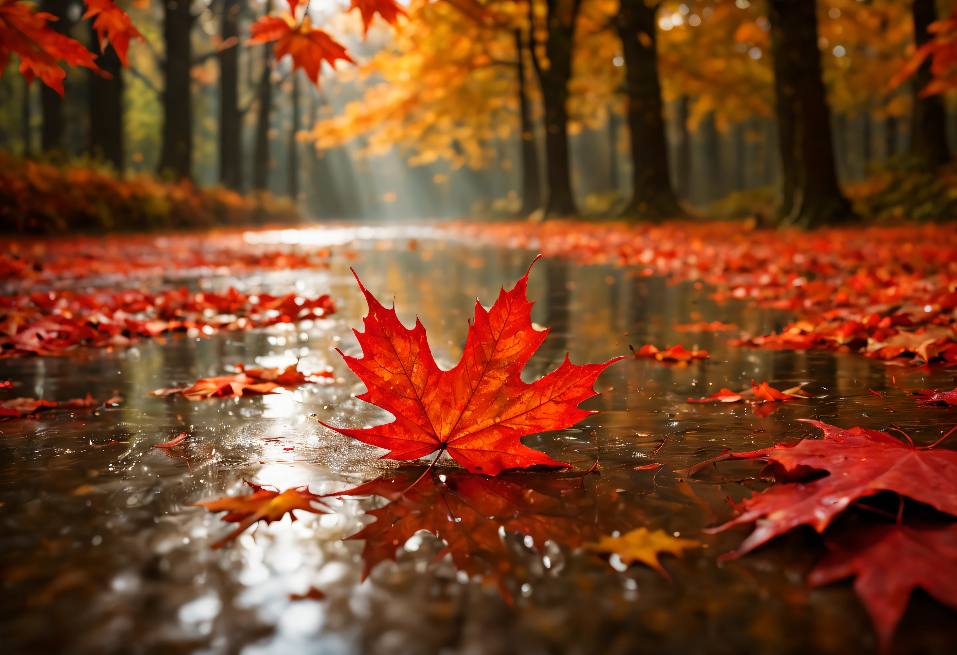 masterpiece,best quality,rain style,sunlight,light,puddle,beautiful lighting,blowing,reflection,autumn leaves,maple leaf,red particles,depth of field,forest,