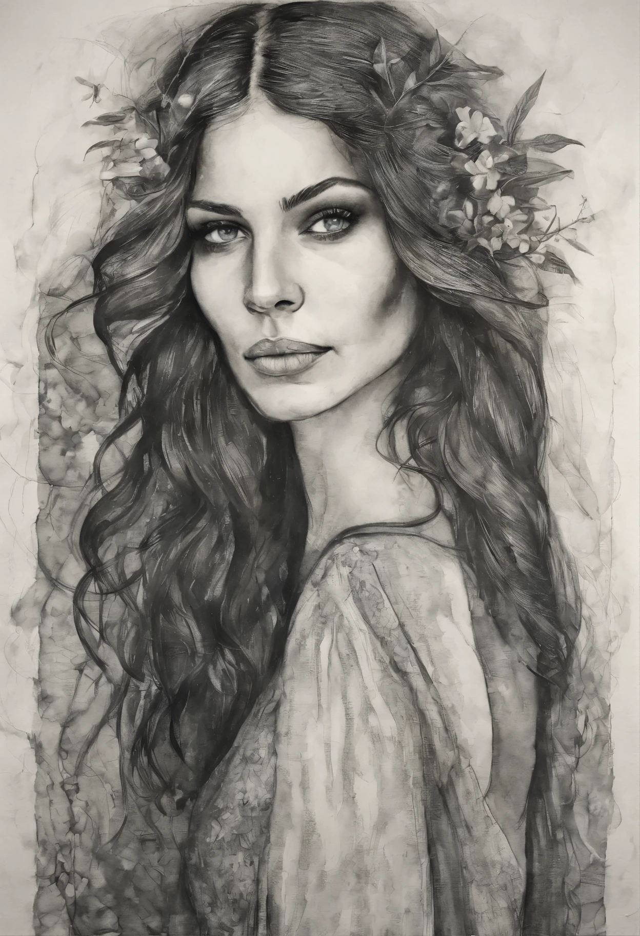 creative illustration of silhouette of "A mysterious and alluring sorceress, with ebony hair and piercing green eyes, conjuring spells and potions in a dimly lit chamber", sketch, sketchbook, creative, textured paper, special, unexpected, fantasy, ink, draw, outline pencil drawing, sketchbook art on textured paper, pastel color palette